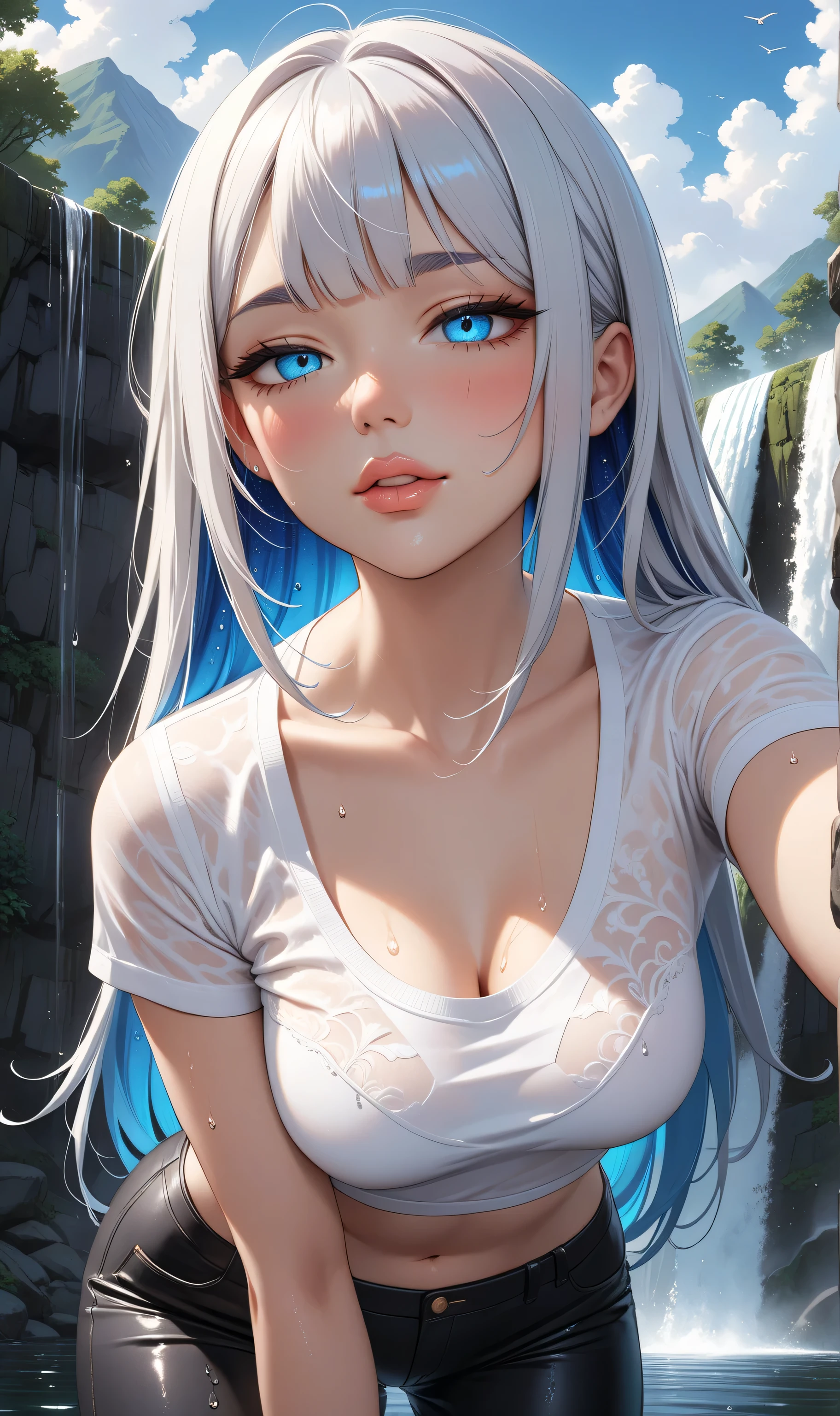 ((Random porn pose)), (Cute girl), ((Ultra detailing)), (very aesthetic, best quality, ultra detailed), intricate details, 1girl, silver hair, (Random hairstyle), Blue inner hair ,,((Detailed eyes)), ((Beautiful eyes)), ((prefect eyes)), ((Beautiful lips)), (Glowing lips) sharp jawline, long hair, Medium breasts , smile, Blush, medium breast, ( White shirt, crop top, mini pants, ), (Background :, water fall, beautiful sky), on the lake, wet clothes, bend over