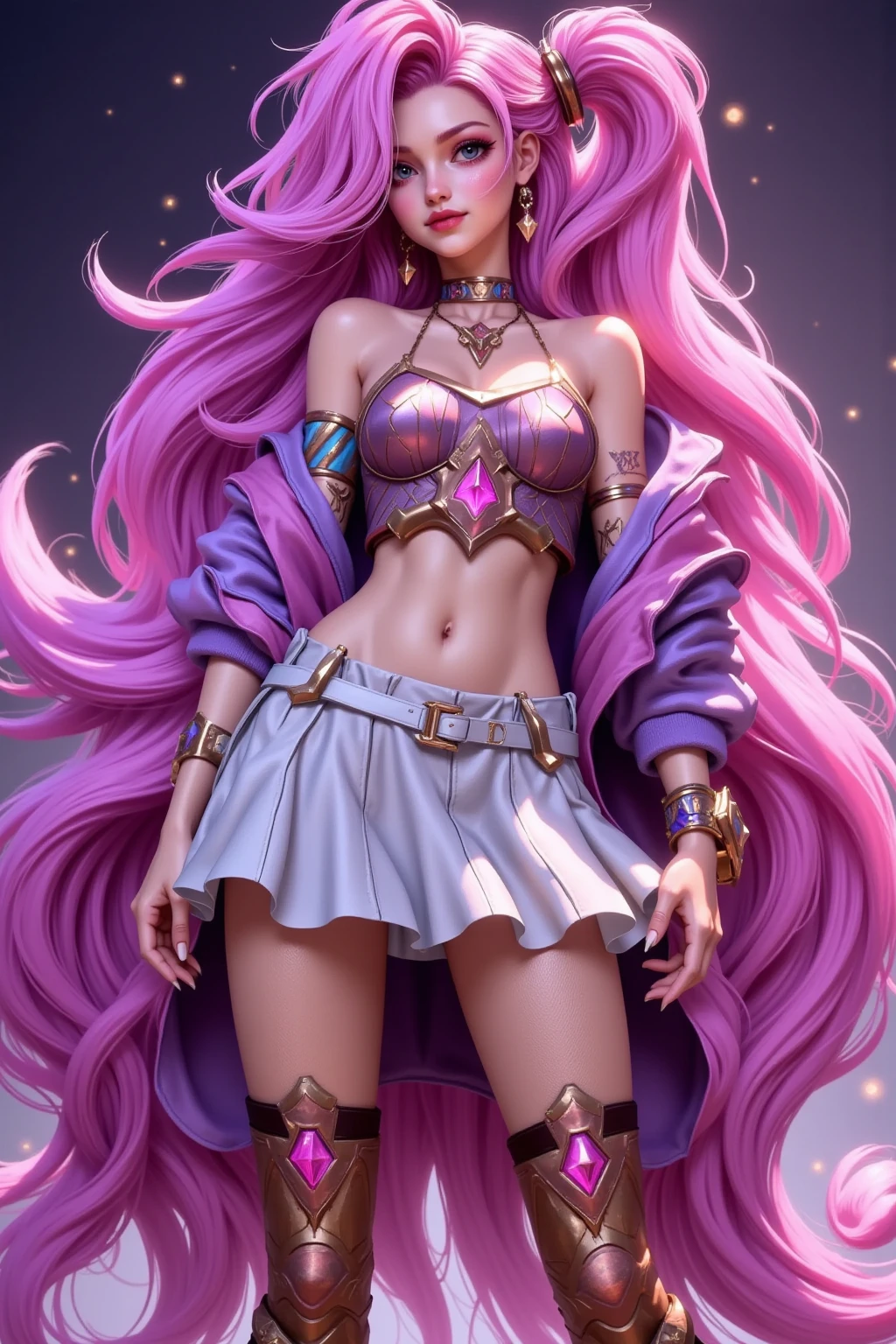 Full body, beatiful purple eyes, blush, cute face, (1 cute woman, solo: 1.1), very big breasts, long purple hair, shiny purple crop top, shiny purple skirt, shiny purple gloves, shiny purple heel boots