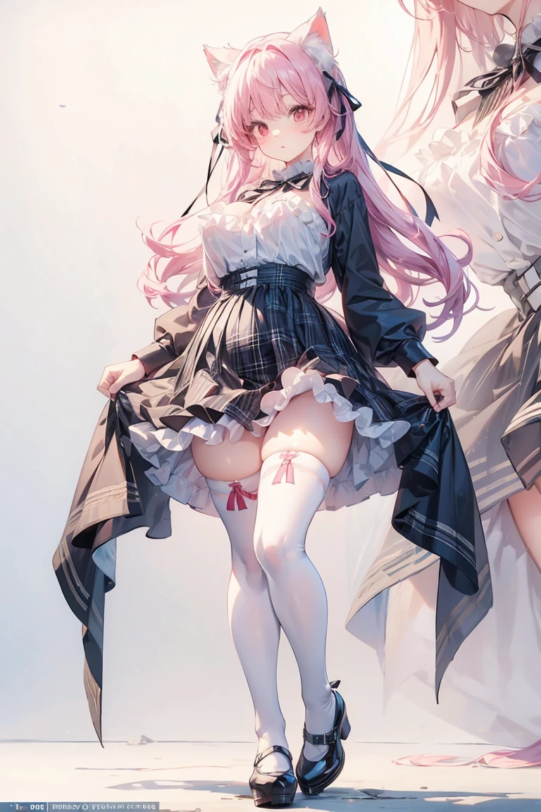 Masterpiece,Best Quality,(Super Detail),perfect writing, Highly detailed CG,Super detailed,(Highly detailed eyes,Very cute face,Highly detailed face:1.3),Beautiful Anime Girl,(Solo Girl),(Super huge boobs:1.4),(super huge breasts:1.4),(Sensual,Glamorous:1.4),(pink,very Long Hair,wave),(Big light purple eyes),Collared shirt,short sleeve shirt,Pleated skirt,lying on the bed,on back,school tight,pink pillow , pleated skirt, zettai ryouiki,high resolution,heart shaped pupils, plaid skirt, black stocking,claw pose,lie on bed,liying , full body , toe,full body seen,full-face blush,sexual climax,arms up,Young features,(Loli:1.4),Elementary school girls,Close one eye, With tears in her eyes and her mouth open,open mouth,