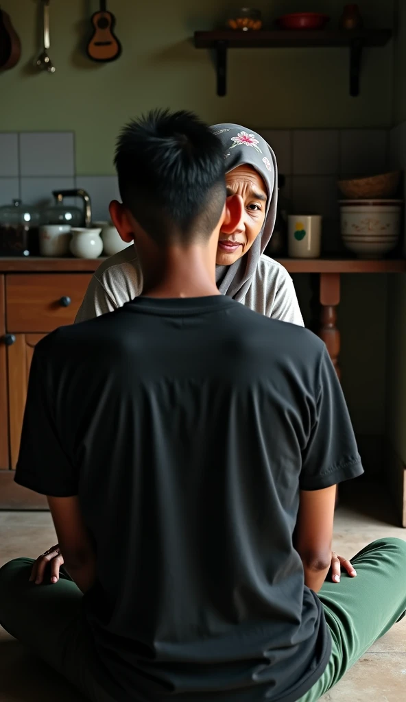 a beautiful, slim Indonesian hijab woman with her shirt buttons open showing her chest, is massaging the thighs of a 14 year old boy