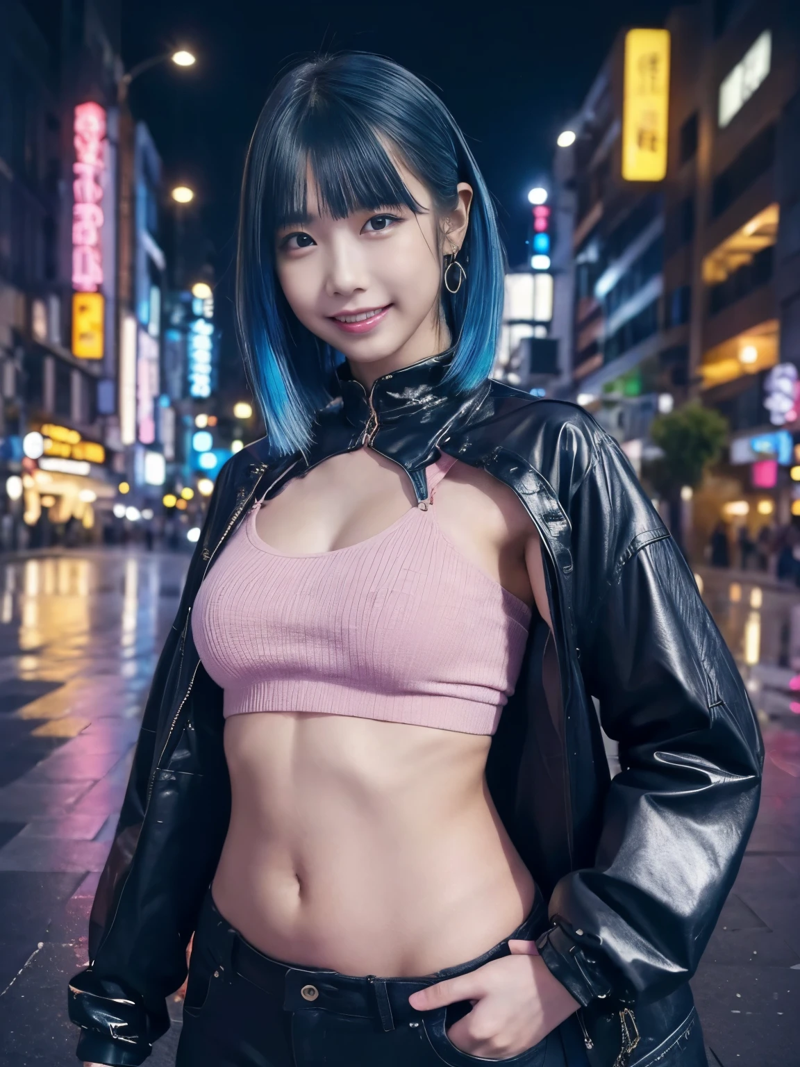 (((Beautiful girl small breasts))),Small breasts, Portrait 1 Young Woman ,sf, smile、Cute face,Long eyelashes,、(((A costume made of thin black belts))),(((Battlesuits of the future)))、Complex background punk, , Futuristic, Post-apocalyptic, dark, 薄dark光, ((masterpiece, Highest quality, )),(((Nipples exposed through the gaps in her clothes))),,(((Small nipples))),(((Small areola))),(((Nipple details))),The neon-lit streets of a cyberpunk metropolis, Ignoring the boundaries between reality and technology、(((LED-illuminated headphones)))、(((Put your hands in your trouser pockets)))、(((Hands behind your hips)))、(((breast enhancement)))、(((Upper body photo)))