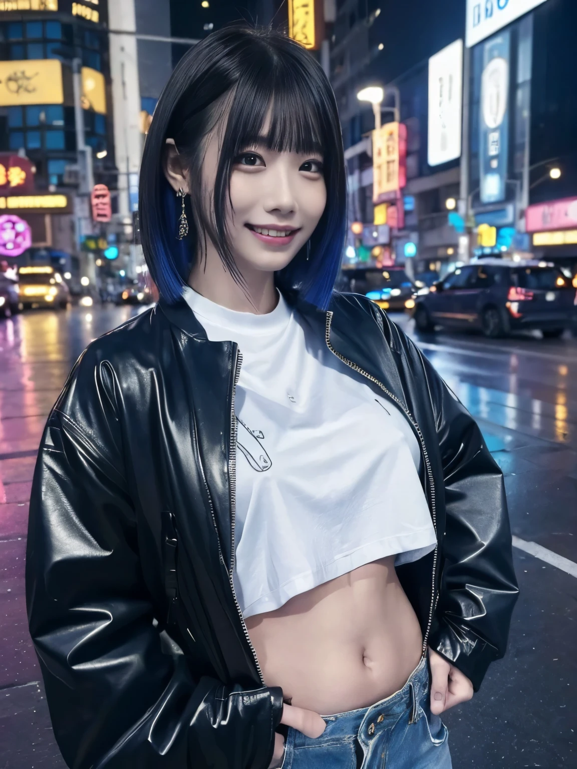 (( one girl )), girl in fashionable streetwear , neo tokyo, center| rolling | Trends in great detail | Breathtaking beauty | precise lineart| lively| Comprehensive cinematic| Carne Griffiths | Connor Rosette , 8k, cinematic lighting , rain, highest quality , Hi-Res, blue sky, ( The World's Most Beautiful Portraits :1.5),( tattoo),((Hair color in random poses )),((smirk grin)),( sexy),(( Glossy Skin)), angle, big earrings full of amazing smiles ,belly button