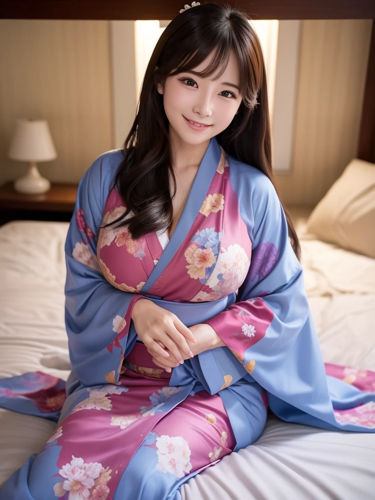 high quality,8K, Detailed facial depiction, Detailed description of the eyes,Angle from directly above,One Woman, Light brown hair(Short Hair),Beautiful Japanese Girl,24-years-old,Cute eyes,Cute Smile,Yukata beauty,The obi of her navy blue floral yukata is untied, revealing her sexy bra and panties.,Floral lace underwear,String panties,Sexy body, Large, plump breast size, Long and beautiful legs,Smiling, Colorful earrings,necklace,Are standing,Beautiful nape,Japan tatami room,Feminine and sexy gestures,wind chimes,A bedroom with futons,Lying on your back on a futon,lying face up