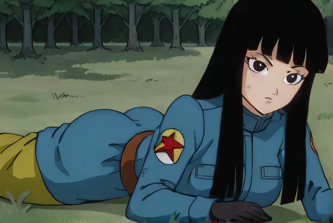 source_anime, score_9,score_8_up, score_7_up, anime screencap,
solo, 1girl, medium butt, big breasts, thick thighs, wide hips, huge booty, pants halfway down showing big butt,
mai, long hair, black hair, black eyes, coat, military, military uniform, pouch, black gloves, uniform, yellow pants, aiming at viewer, lying on stomach, forest, tree, grass, gun focus,