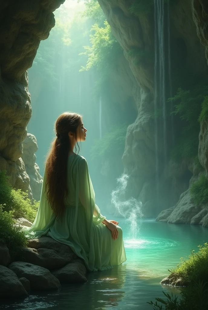 Scene: A brightly colored, surreal landscape with towering trees, lush foliage, and a crystal-clear river flowing through it. The young woman is seen sitting on a large rock in the middle of this enchanted setting, dressed in flowy, pastel clothing that complements the surroundings perfectly. Her long, flowing hair is blowing in the gentle breeze, and her delicate features are captured in a dreamlike portrait that is both breathtakingly beautiful and ethereal at the same time. As if she were a part of this surreal landscape, the young woman gazes out into the distance with a serene look on her face, lost in her own private world., (&:0)