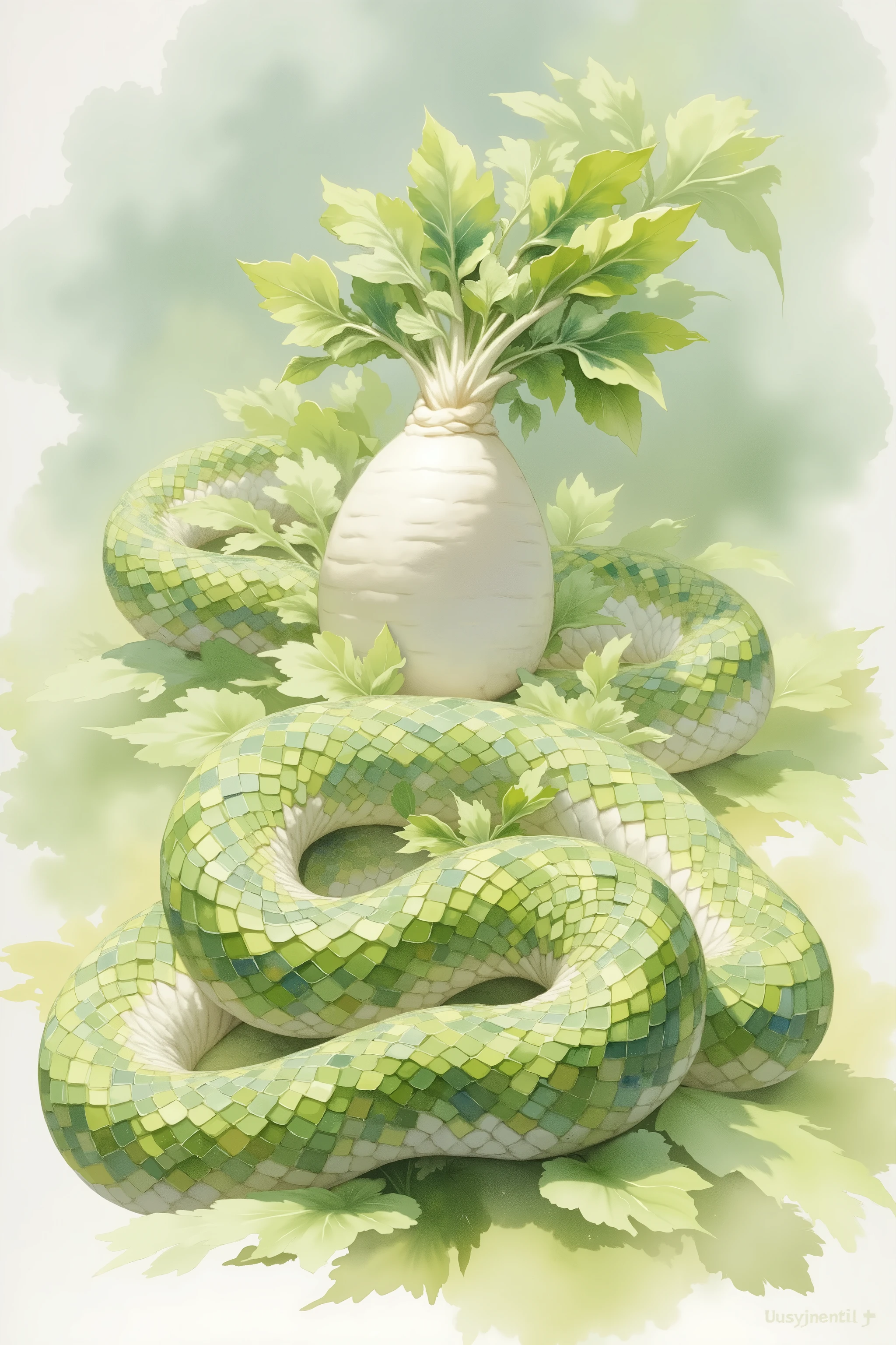 snake watercolor, watercolor painting of a green snake, pastel coloring, daikon in background, color fading