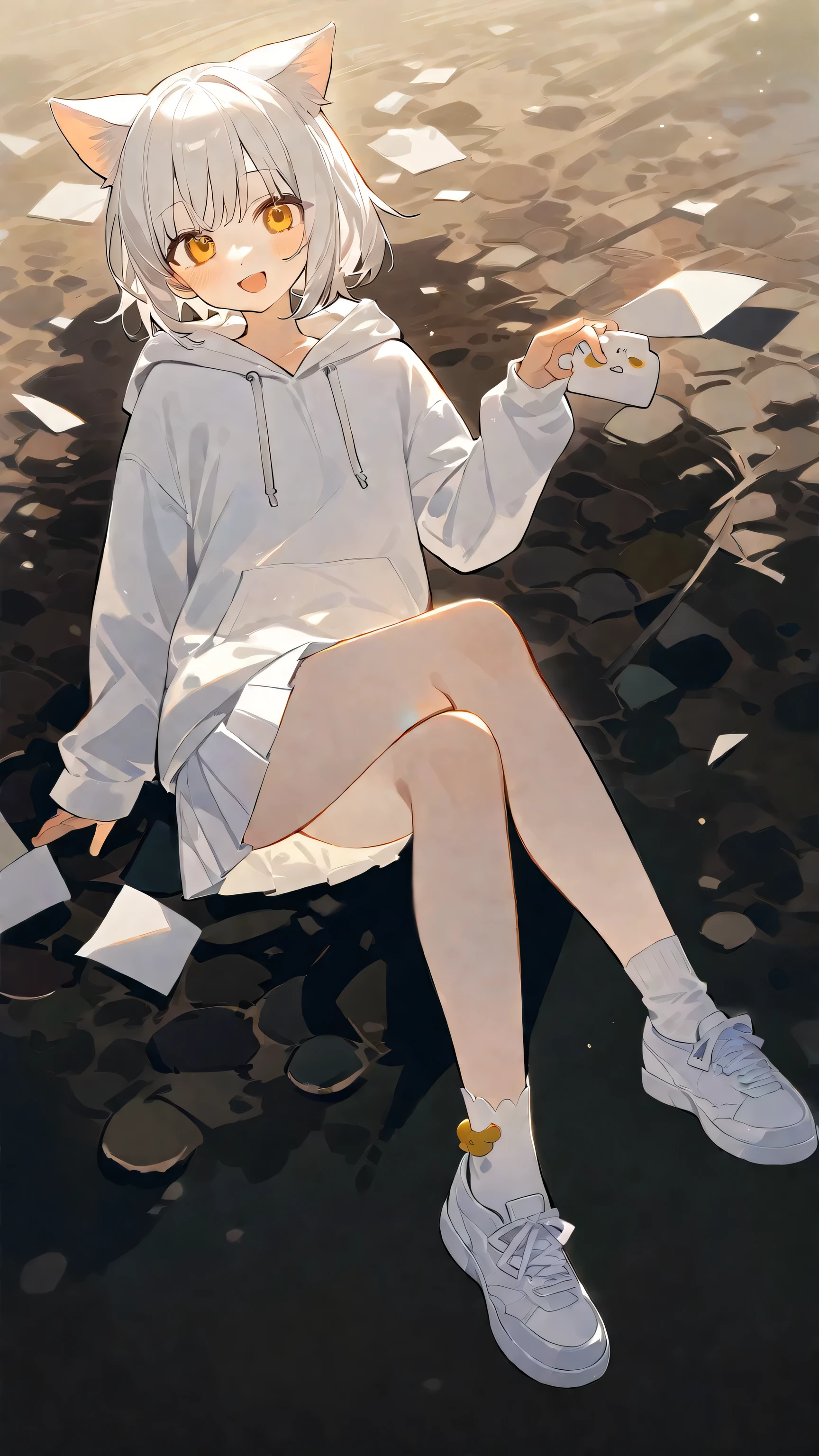 Short hair girl，Wearing white cat ears ， wearing a white hoodie ， wearing a white pleated dress， is wearing small white leather shoes， There is a light yellow stain on the bottom of the white socks  ，The one with an open mouth and a smile ， cute