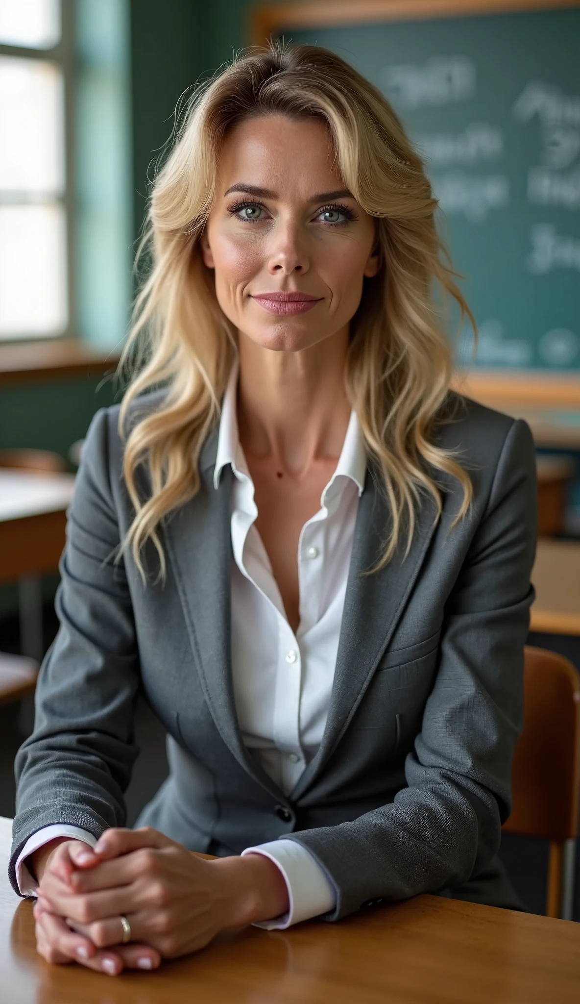 Woman , she is a sexy teacher , she is 45 years old , she is in a classroom , She is sitting at the table , She is opening her shirt. , she's wearing a white dress shirt , she is wearing black transparent panties , and a high clog sandal , she has blonde hair with white , her face is not that thin you