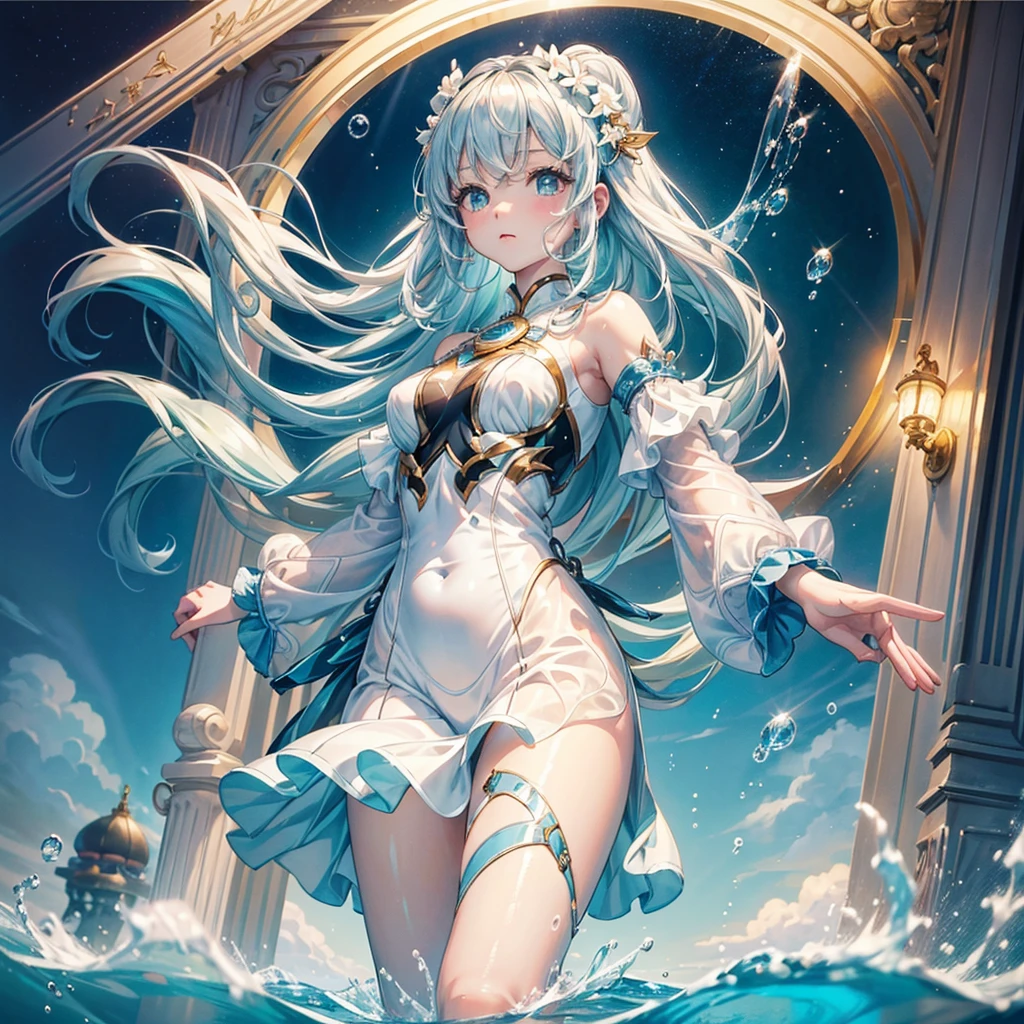One Adult Women, long white hair, wearing a mermaid headband and pearl necklace, blue dress, Sitting on the Under the sea background, glare