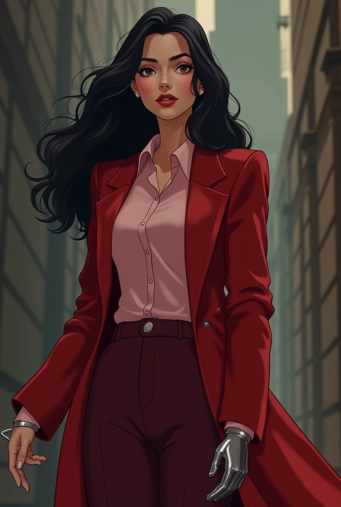 Hook was a young, pretty woman from a spy family similar to Yor Forger., She had a silver hook on her hand, , wore a long red coat over a pink shirt, and , and maroon pants underneath, , long, straight black hair ., gif