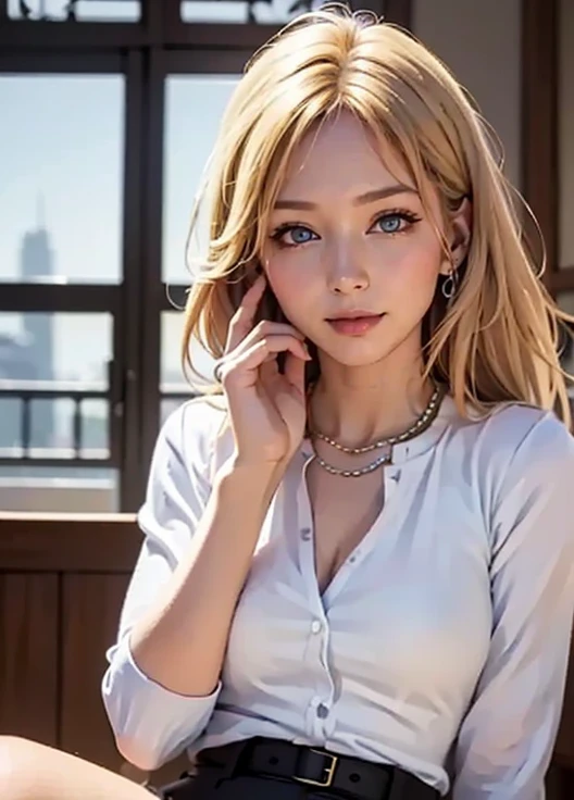 ((best quality)),((masterpiece)),(detailed),(realistic:1.2),ultra high res,Highly detailed,beautiful detailed eyes,1girl,Perfect female body,solo,awardwinning,cityscape,skyline,Bustling city,blonde hair,summer,leather pants,