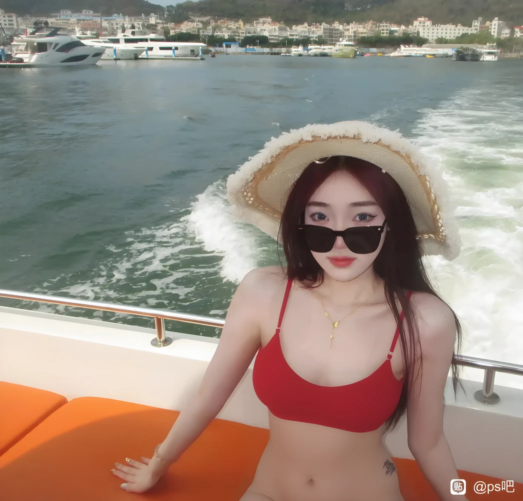araffe woman in a blue bikini sitting on the boat, on the boat, Thai girl anime, Wear a neon pearl bikini, young and cute girl, [32k hd]^10, Asian Bald Goddess, in a bikini, 22 years old, Zinnia, Wear a swimsuit, jaw-dropping beauty, better known as Zinnia