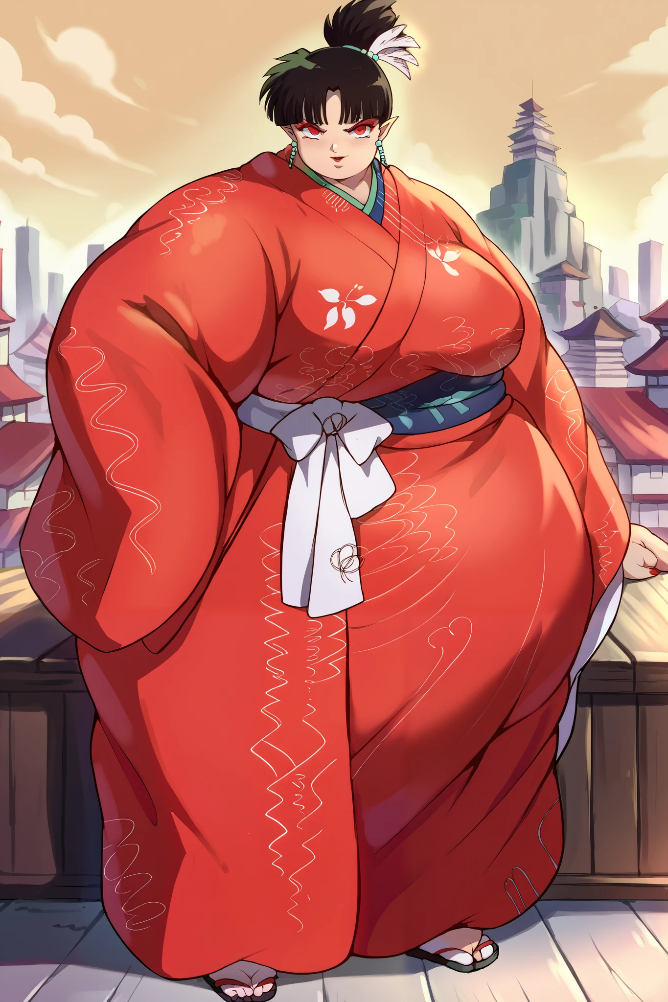 score_9, score_8_up, score_7_up, masterpiece, source_anime, inuyashakagura, kagura, black hair, hair ornament, red eyes, pointy ears, makeup, feathers, feather hair ornament, ponytail, jewelry, earrings, japanese clothes, kimono, makeup, red kimono, large breasts, looking at viewer, farmer, smile, fat, chubby, obese, gigantic arms and legs, gigantic arms and legs, city, morbidly obese, blob,