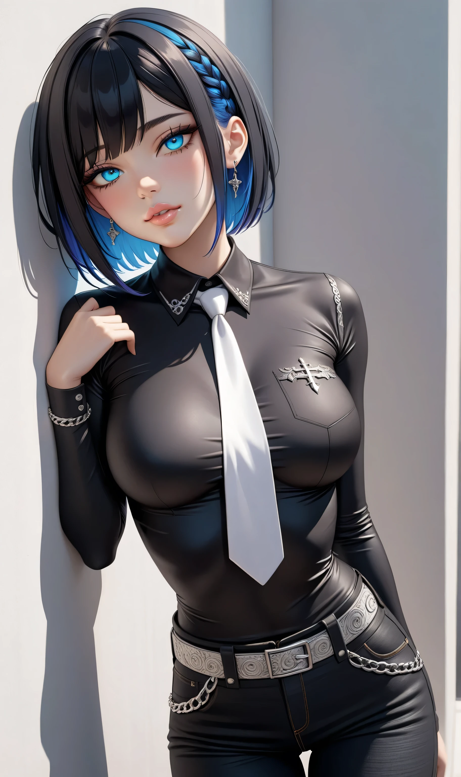 ((Random porn pose)), (Cute girl), ((Ultra detailing)), (very aesthetic, best quality, ultra detailed), intricate details, 1girl, Black hair, short hair, emo hair, (Random hairstyle), Blue inner hair ,,((Detailed eyes)), ((Beautiful eyes)), ((prefect eyes)), ((Beautiful lips)), (Glowing lips) sharp jawline, long hair, Medium breasts , smile, Blush, medium breast, (black Collar shirt, Black jeans pants, belt, White tie),( leaning against the wall)