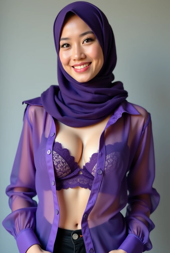 Matured Malay women in hijab wearing sexy satin lace lilac color bra and panties, portrait photography, 35 years old, mid shot photo, ultra detail, professional photograph with professional lighting, smile, light blue studio background, sexy seducing pose, curvy,