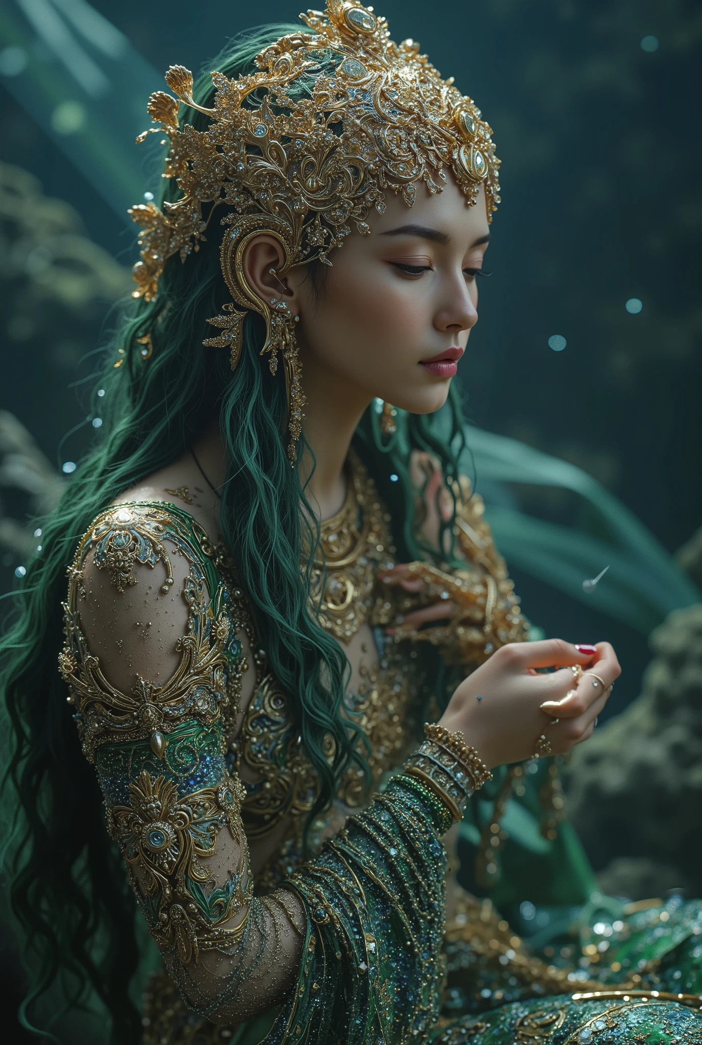 highest quality, Highest image quality, High resolution, photorealistic, Raw photo, 8K)), ((Extremely detailed CG unified 8k wallpaper)), (huge stunning goddess shot, very hot and sexy, jaw-dropping beauty, perfect proportions, beautiful body, slim body beauty:1.4), a ((mermaid princess)) with long flowing hair, detailed facial features, ((The lower half is fish without legs, intricate tail scales:1.5)), , It has no legs, but scales and a tail fin, elegant crown, underwater seascape,