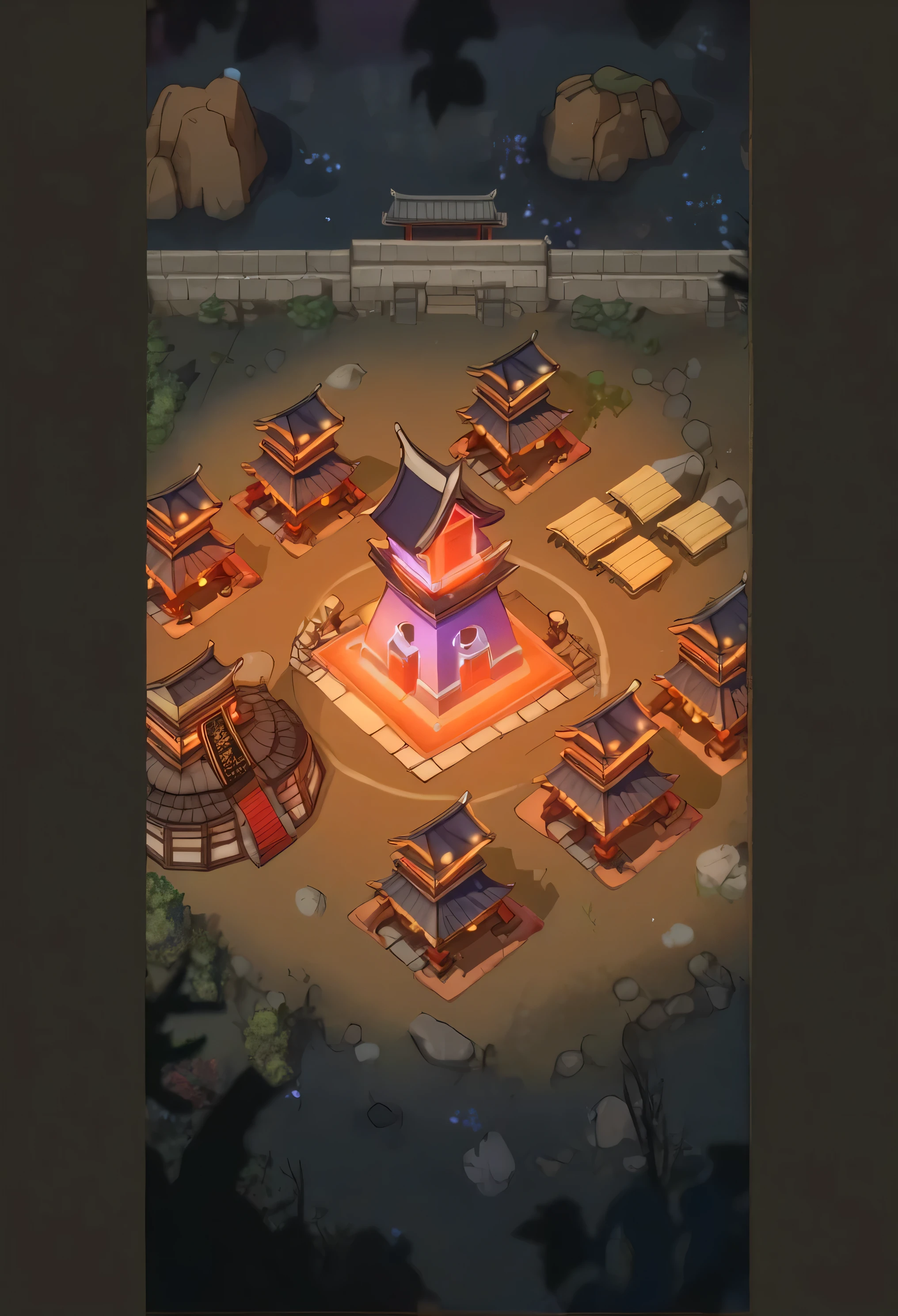 Close-up of a small building surrounded by many wooden buildings, feudal Japanese background ,  symmetric outpost , Military Outpost ,  Fortress Megastructure City , Invasion background,  Tribal Style , massive towers,  In-game image , Japanese town ,   onmyoji detailed art  , Invasion background, 等距游戏艺术,  Three Kingdoms , Background Fortress