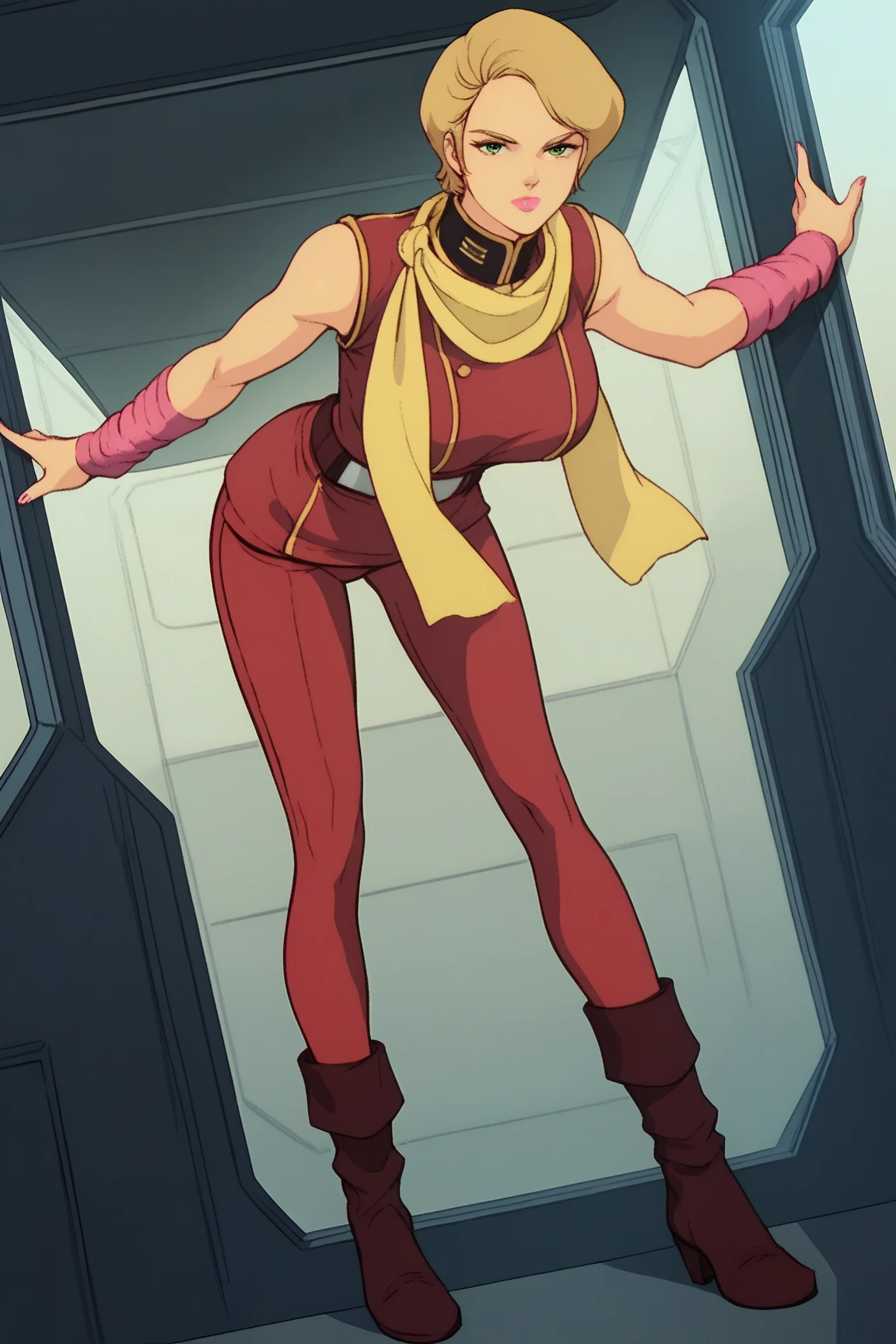 (masterpiece, best quality), 1girl,(((,barefoot))), 5 toes, black toe nails, Focus full body, tied ankles together, tied arms, solo, on dungeon,Clover totally spies, red suit