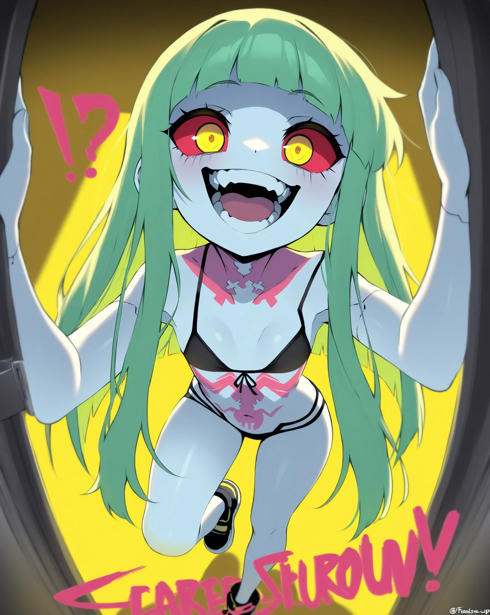 Cartoon, highres, ultra detailed, ??????? right, ??????? correct hands, (cute rebecca from Cyberpunk Edge Runners), solo, standing, green hair, red sclera, pink tattoo, purple lips, (long green twintails), hairband, cyberpunc headgear, full body nude, small breasts, no bra, Paw pose, Kneeling, looking at viewer, close up top down view, ahegao face with saliva on tongue, rolling eyes, yellow background