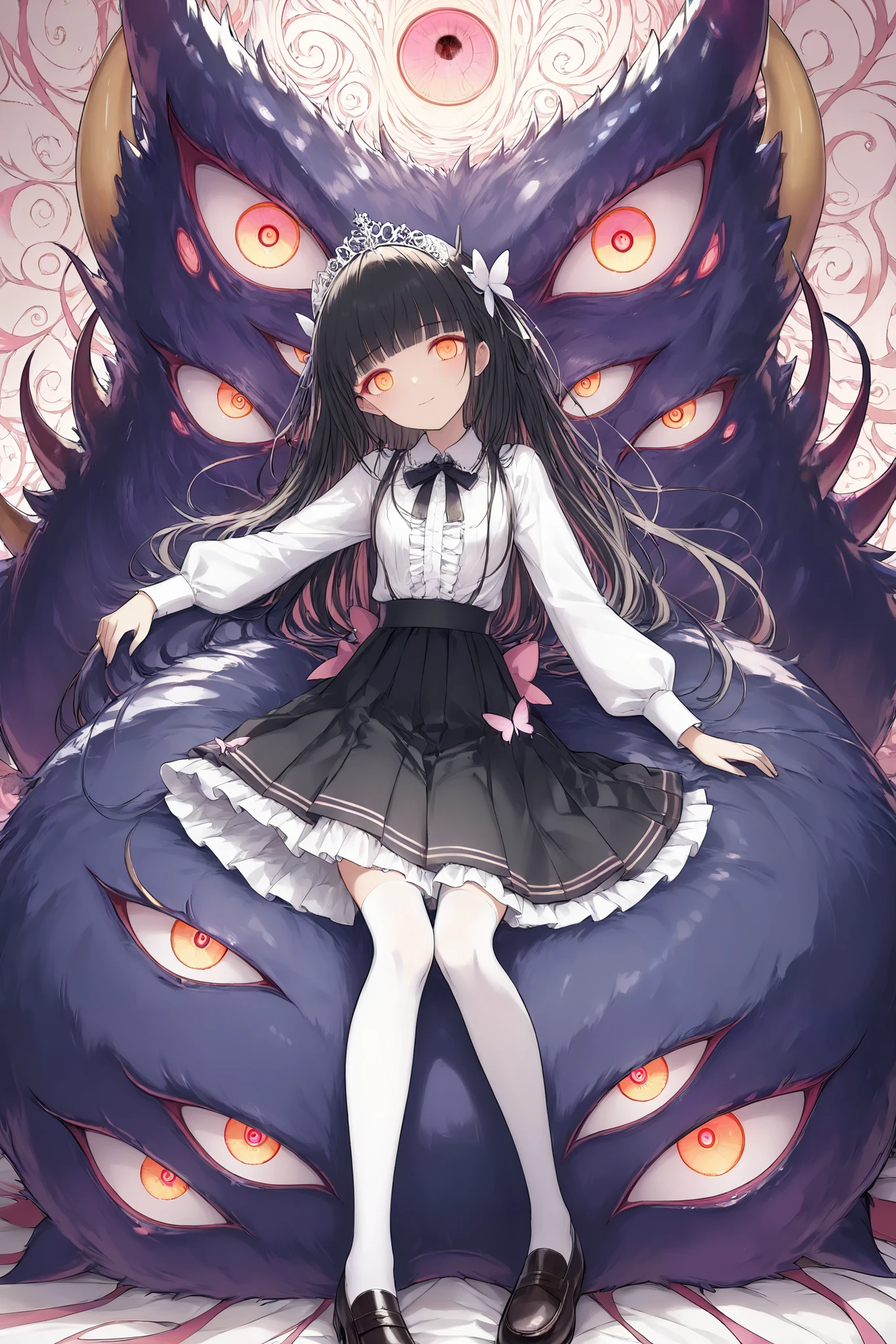 incredibly absurdres, wallpaper, artbook, stars, butterfly, , 2 no humans, queen, black hair, blunt bangs, orange eyes, pink eyeshadow, glowing eyes, small breasts, white silk stocking, Skirt, loliashion, collared shirt , loafers, stockings, seductive smile, stare, Stand, head tilt,(((( A monster with countless eyes lying at its feet)))),