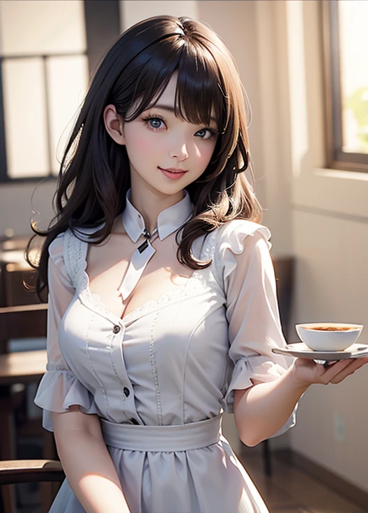 8k, RAW Photos, Highest quality, Tabletop: 1.2), (Realistic, Photorealistic: 1.37), Very detailed, 1 high school girl, Super Beauty(Like the real thing), alone, Beautiful detailed sky, Detailed Coffee, night, Sitting in the store, (Big smile: 1.1), Long brown hair　Medium chest, Beautiful detailed eyes, (Collared shirt: 1.1), A bow tie, Pleated skirt, Beautiful expression　Ultra-high resolution,Ultra-Realistic Skin,masterpiece,Highest qualityのPhotorealisticなRAW Photos。Bright colors,Rich colors, Backlight, Cinema Lighting, Film Grain, 50mm lens, Nikon D850,Beautiful expression,Fantasy art,Character Art,View your viewers,Top view,,Accentuate your cleavage,Dynamic pose,