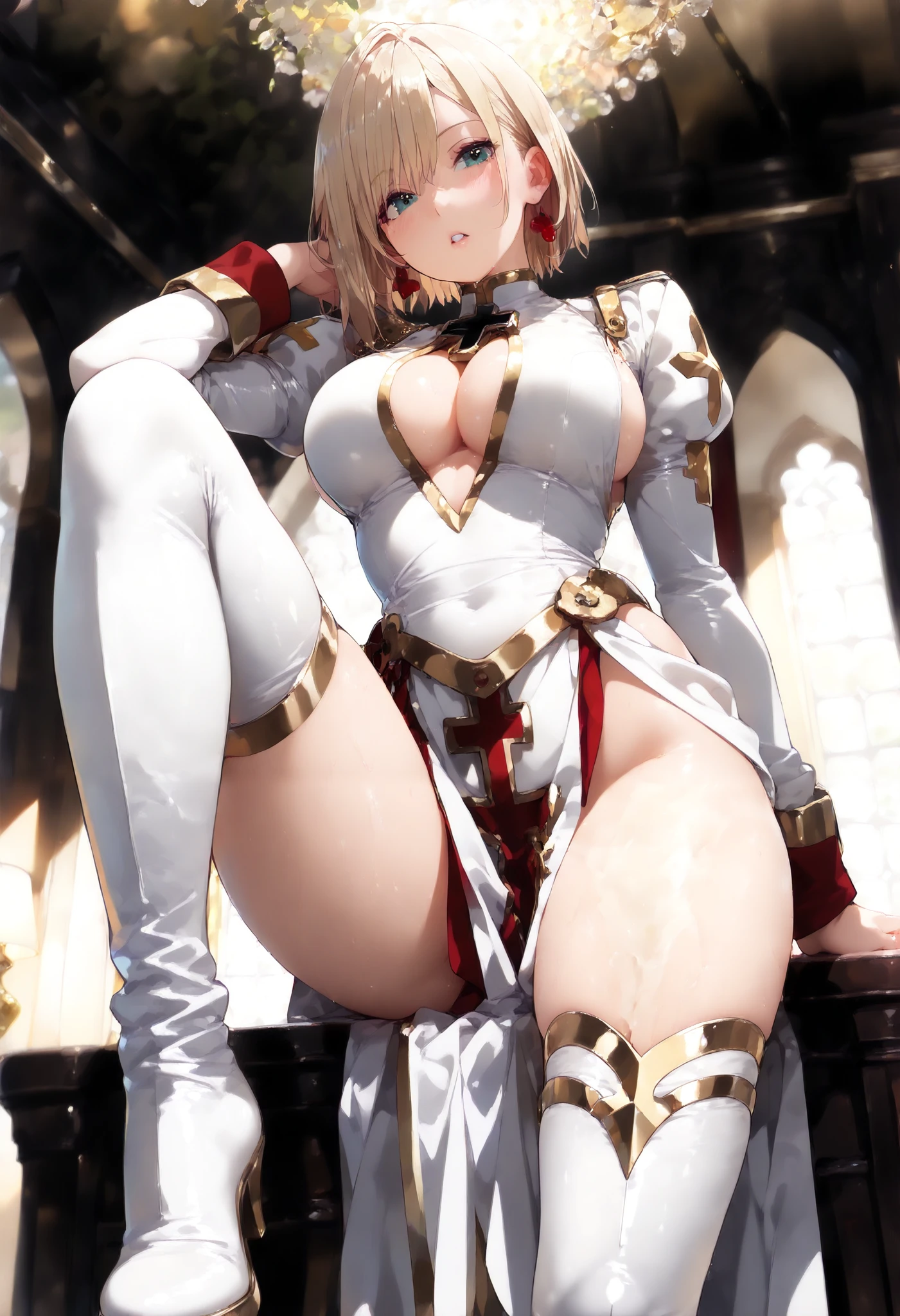 best quality, (masterpiece:1.2), highly detailed, day, city, 1girl, solo, cha hae-in, closed mouth, from front, looking at viewer, blonde hair, short hair, brown eyes, (red armor), belt, bodysuit, (nothing covering tits:1.4), (no bra;1.4), (embarrassed:1.2), view from below, sitting down, (spreading legs wide open), (no pantines:1.2), (nothing covering pussy:1.4), (pants torn in the middle:1.2), tear all over armor, (horny)
