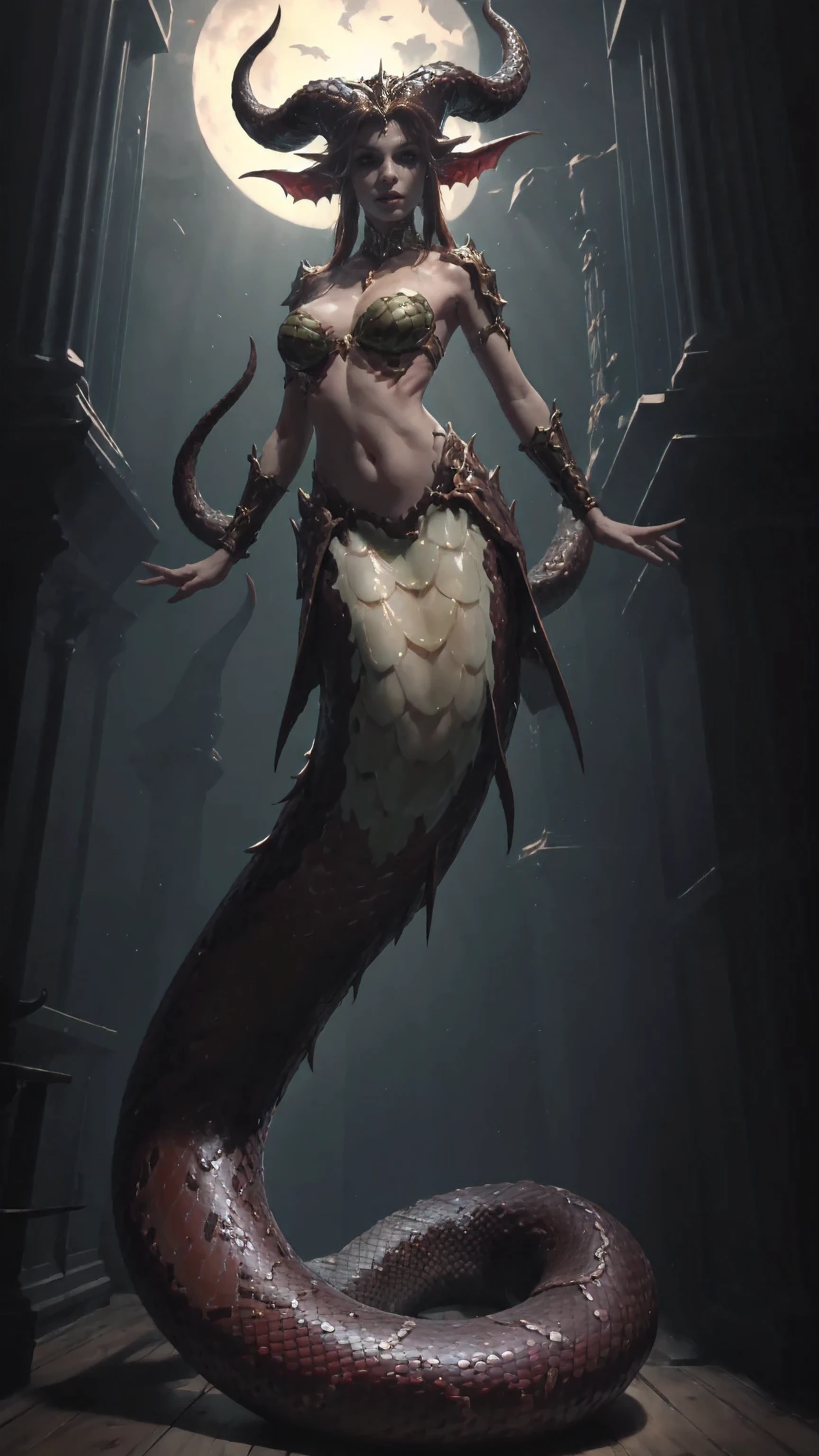 （（ masterpiece，，   Ultra HD，   original photo，   Very detailed的CG， 8,000）），（Lamia：1.2），（Slender snaketail   ：1.5），  Beautiful Succubus Girl ，  Redhead ，  Double Horn，  Delicate Eyes    ，   exquisite face   ，  slender hands  ， shiny pale skin  ，（ big  ），Thin waist，stomach，Beautifully colorful scales，（Python Mode：1.2），    high resolution  ，（   Very detailed ：1.4），（ actual ：1.2），transparent， magic ， fantasy，    full body shot    ，（3d）， ancient buildings