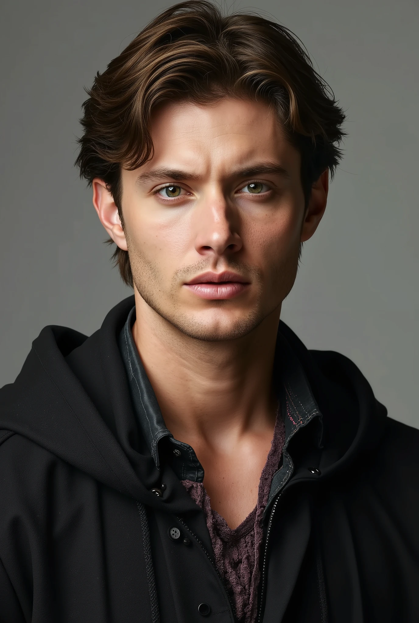 (photorealism:1.2), ((best quality)), ((masterpiece)), (detailed), a handsome young man with a perfectly balanced face and athletic physique. He has medium-brown hair that is slightly tousled, adding a natural, effortless look. His eyes are a captivating shade of blue or green, with a hint of mystery and depth, giving him a confident, intriguing expression. His facial features are well-defined, with high cheekbones, a sharp jawline, and smooth skin. His body is toned and athletic, like a professional sportsman, with visible abs and a broad chest. He is wearing a slightly unbuttoned shirt that highlights his physique, allowing his chest muscles to be subtly visible. The background should be simple and neutral to keep the focus on his features, creating an overall look that is both elegant and powerful. wearing Eerie Black color pointy wizard hat. Eerie Black color wizards robes. tight Old Rose pinks color turttleneck outfit inside robe
