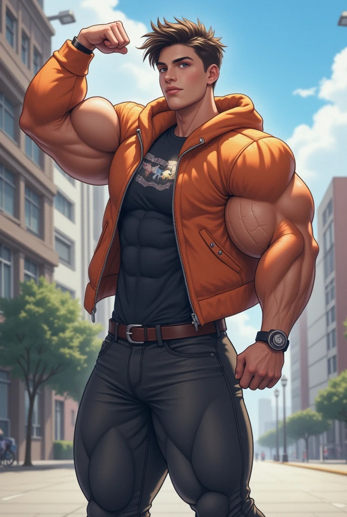 A ( face) 15 year old teen (15 yearsttractive boy, standing, full body. Mexican ethnicity. tanned skin, silver white hair, short hair bangs that fall on both sides of his youthful face. carefree expression, young man, alone, marked muscles, beautiful musculature, aesthetic stretch marks, inspiring physique, slender muscles, square pecs, beautiful V-cone, excellent abs and torso, chiseled abs, pectorals chiseled, perfect massive muscles, inflated muscles, voluminous pectorals, massive muscular body, a huge gigantic chest with a narrow waist, huge shoulders, ridiculously well-shaped large pecs, eight chiseled abs, (very toned and huge) with his military haircut and voluminous neck, narrow waist, golden eyes, young face, beautiful, young. Teen muscular young builder with extraordinary and firm back, chiseled muscles, rhomboid muscles, latissimus dorsi. Gigachad. He wears a red leather jacket (RED JACKET) that reaches the height of his ribs and is open. (Bare torso) and tight black leather pants, he does not use a belt. He is shirtless under his jacket, which highlights his prominent abs and pectorals. He doesn't wear a belt. His muscles stand out. Ruins of a Jedi temple background. Standing, full body. (((Back))) huge, firm and muscular thighs, round buttocks and round butt with back, huge ass ((firm buttocks)) with big butt. (((black leather pants))) (((Exposed muscular torso. Open leather jacket.))) (RED JACKET) (RED JACKET) (RED JACKET) (RED JACKET) (RED JACKET) (RED JACKET) (RED JACKET) (RED JACKET)