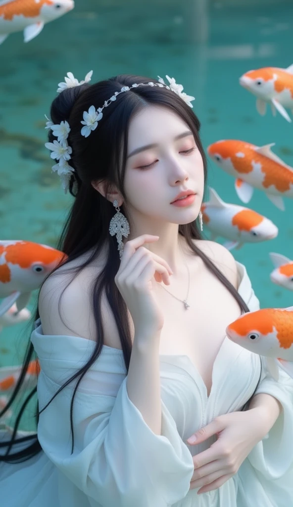 1 girl ,earrings,Goldfish ,precious stones ,sash,underwater ,Goldfish,White flower ,Akame,Behold ,get up, gray hair,clavicle,length、generally、Kamimei、looking at the viewer、white dress、Red Heavenly Woman's Robe、cleavage、close up of smiling face、beautiful eyes