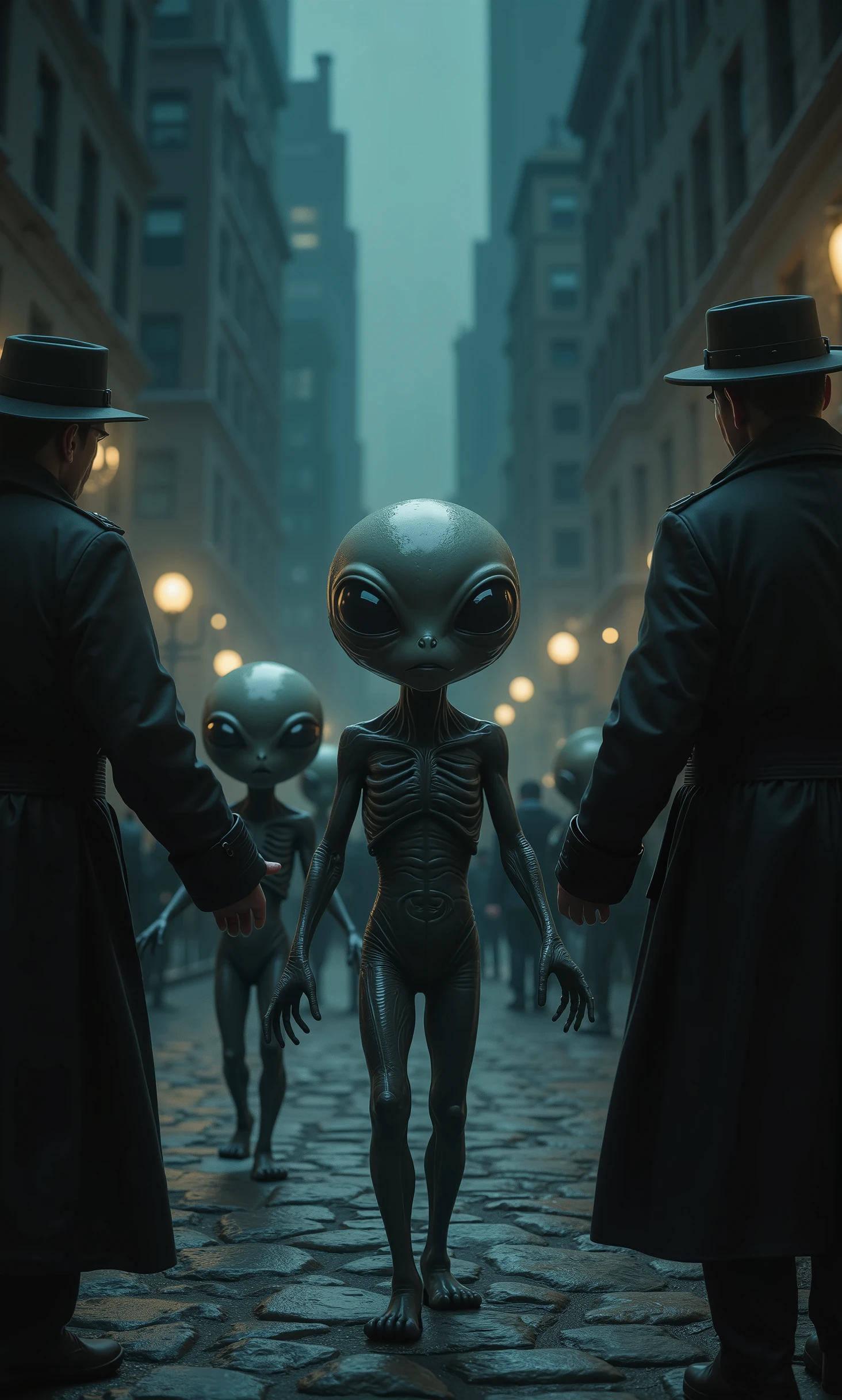 aliens captured 、 their hands are drawn from both sides by two men wearing trench coats and hats、 aliens have big, shiny black eyes 、 aliens have gray skin and big heads 、The city of New York at night 、 walk on a cobblestone path