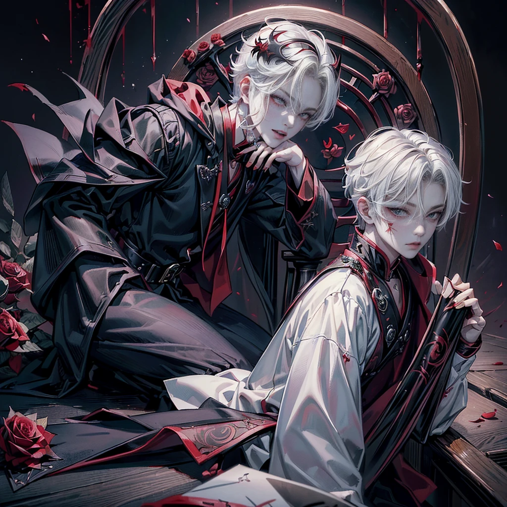 yung Elf, grey skin, White short hair, red eyes, dark clothes, black face patterns