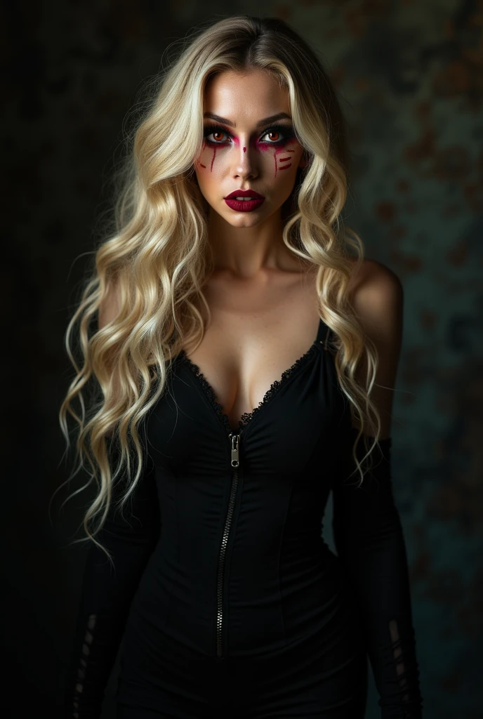 predator girl with long, curly, blonde hair. perfect large bright red-colored eyes, with painted stripes and painted eyelashes, large and fleshy lips with red lipstick, gaze and mischievous smile. He has a thin face and marked cheekbones. She is dressed with black gothic. Full body photo.