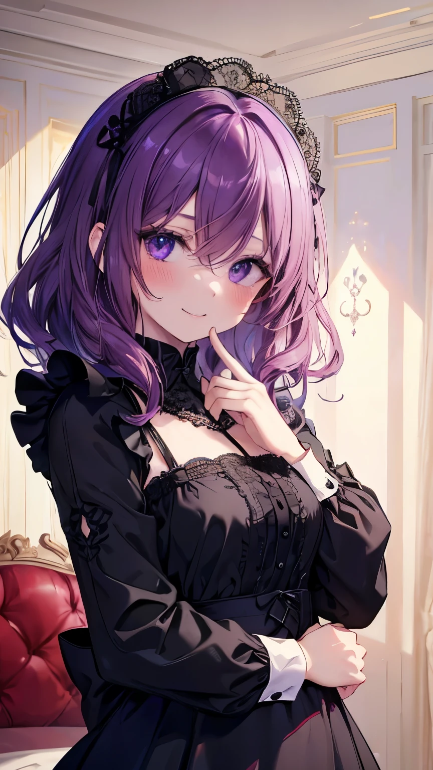 ( 8,000、 highest image quality 、 highest quality、 masterpiece)、 detailed facial 、 1 girl working part-time、 purple hair、 medium length hair 、Wavy Hair、((Black lace eye mask))、 Smile、 blush、Moderate chest、((maid))、long sleeve shirt 、 cowboy shooting、Luxury room background