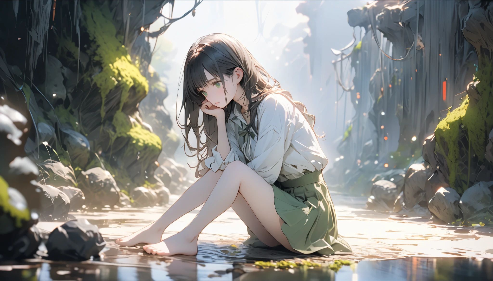 One young woman in a miniskirt,full body, holding the cold air with a pensive expression, feels both anxious and strong. An atmosphere of quiet reflection and hope hangs over her. There is an expression of determination on her face. The soft and delicate shading gives a sense of inner strength amidst uncertainty. The scene conveys a sense of inner conflict and introspection, highlighting doubts and anxieties. Highly detailedElegant and detailed, adding a dramatic and symbolic element to the scene, deep borders, bokeh, smooth textures, ultra detailed, high resolution, ultra detailed, (best quality, 16K, high resolution, masterpiece), subtle colors, vibrant colors, professional lighting, beautiful details with little projection, medium long hair, dark haired woman, pale skin, moss green eyes, miniskirt, full body