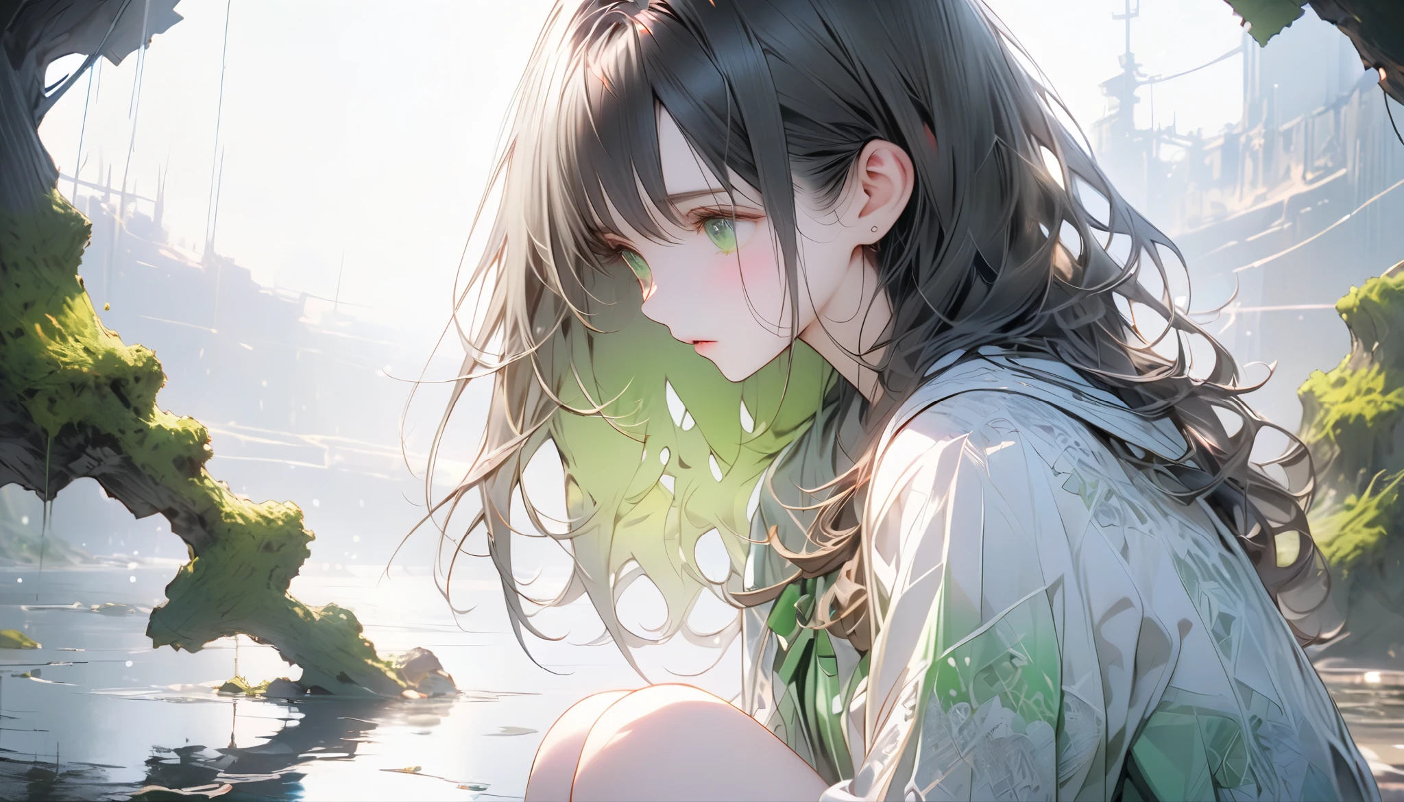 One young woman in a miniskirt,full body, holding the cold air with a pensive expression, feels both anxious and strong. An atmosphere of quiet reflection and hope hangs over her. There is an expression of determination on her face. The soft and delicate shading gives a sense of inner strength amidst uncertainty. The scene conveys a sense of inner conflict and introspection, highlighting doubts and anxieties. Highly detailedElegant and detailed, adding a dramatic and symbolic element to the scene, deep borders, bokeh, smooth textures, ultra detailed, high resolution, ultra detailed, (best quality, 16K, high resolution, masterpiece), subtle colors, vibrant colors, professional lighting, beautiful details with little projection, medium long hair, dark haired woman, pale skin, moss green eyes, miniskirt, full body