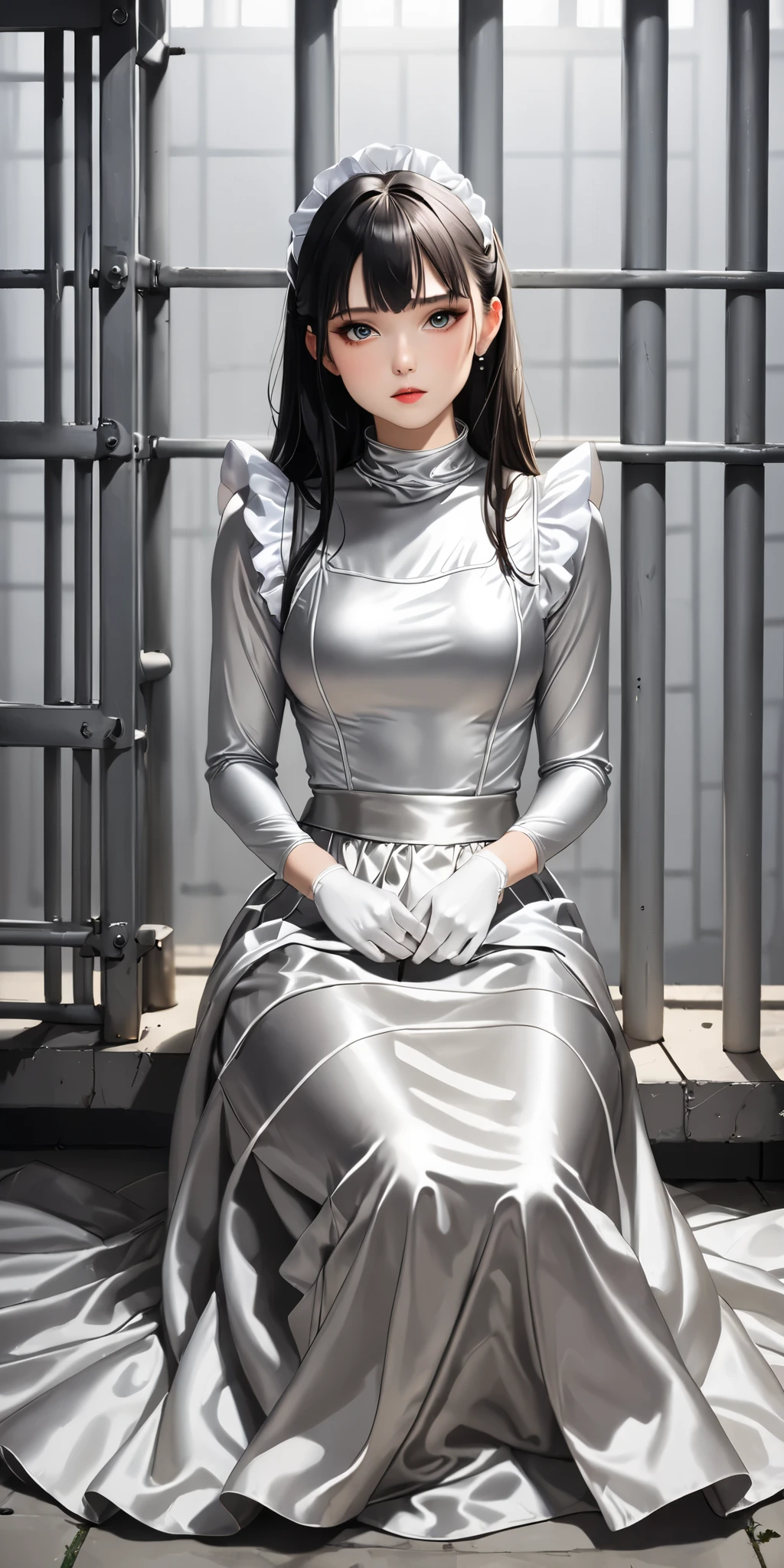 Portraiture、(masterpiece,Highest quality,Ultra-high resolution),Japanese women, (((Very beautiful 25 year old girl)))、2People are lining up、She is wearing a shiny pale silver satin long sleeve maid dress.、The dress has a simple design without any patterns..、The skirt is a long skirt with frills、Satin Gloves、((Satin bodysuit))、Bright room