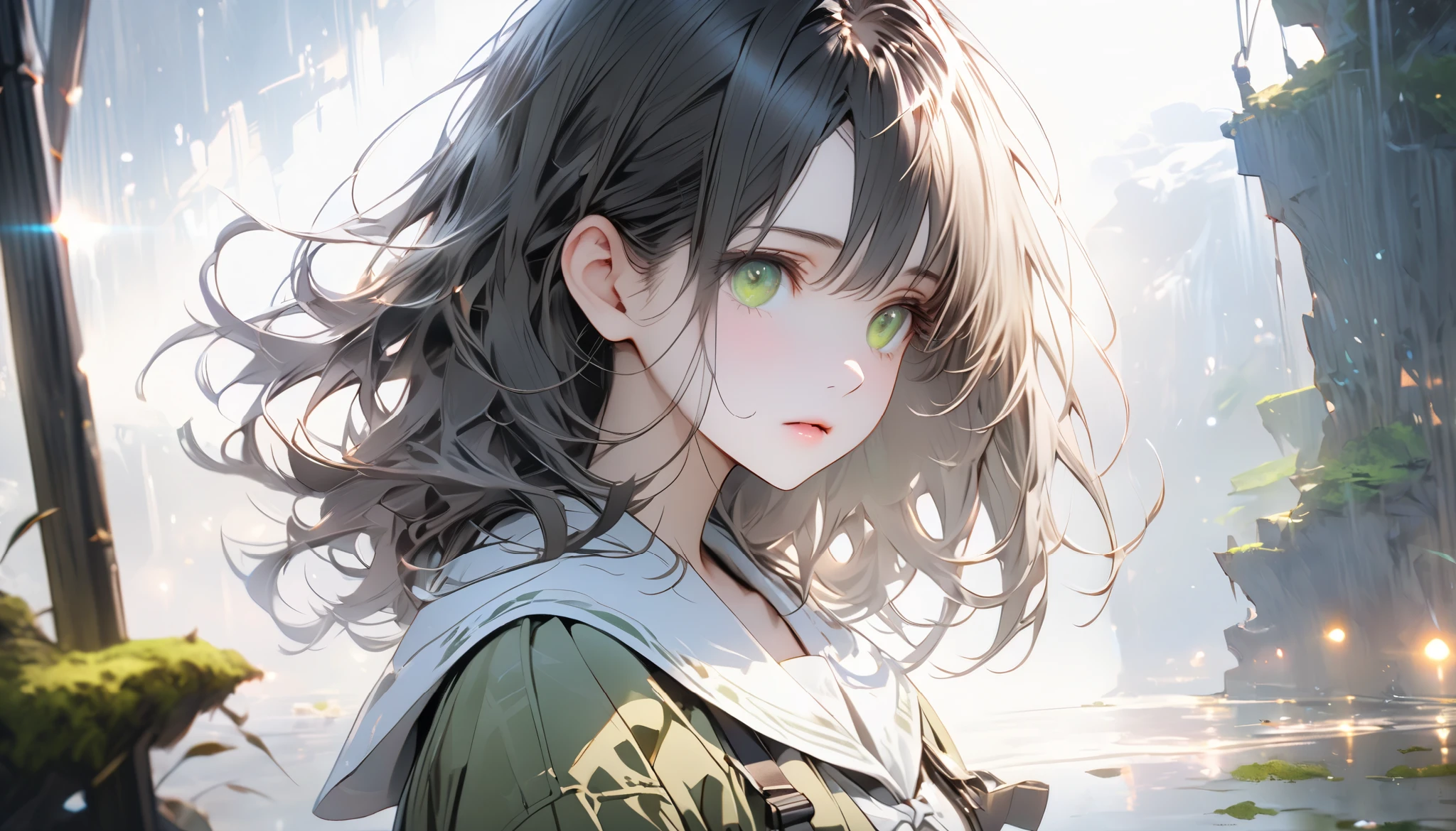 One young woman in a miniskirt,full body, holding the cold air with a pensive expression, feels both anxious and strong. An atmosphere of quiet reflection and hope hangs over her. There is an expression of determination on her face. The soft and delicate shading gives a sense of inner strength amidst uncertainty. The scene conveys a sense of inner conflict and introspection, highlighting doubts and anxieties. Highly detailedElegant and detailed, adding a dramatic and symbolic element to the scene, deep borders, bokeh, smooth textures, ultra detailed, high resolution, ultra detailed, (best quality, 16K, high resolution, masterpiece), subtle colors, vibrant colors, professional lighting, beautiful details with little projection, medium long hair, dark haired woman, pale skin, moss green eyes, miniskirt, full body