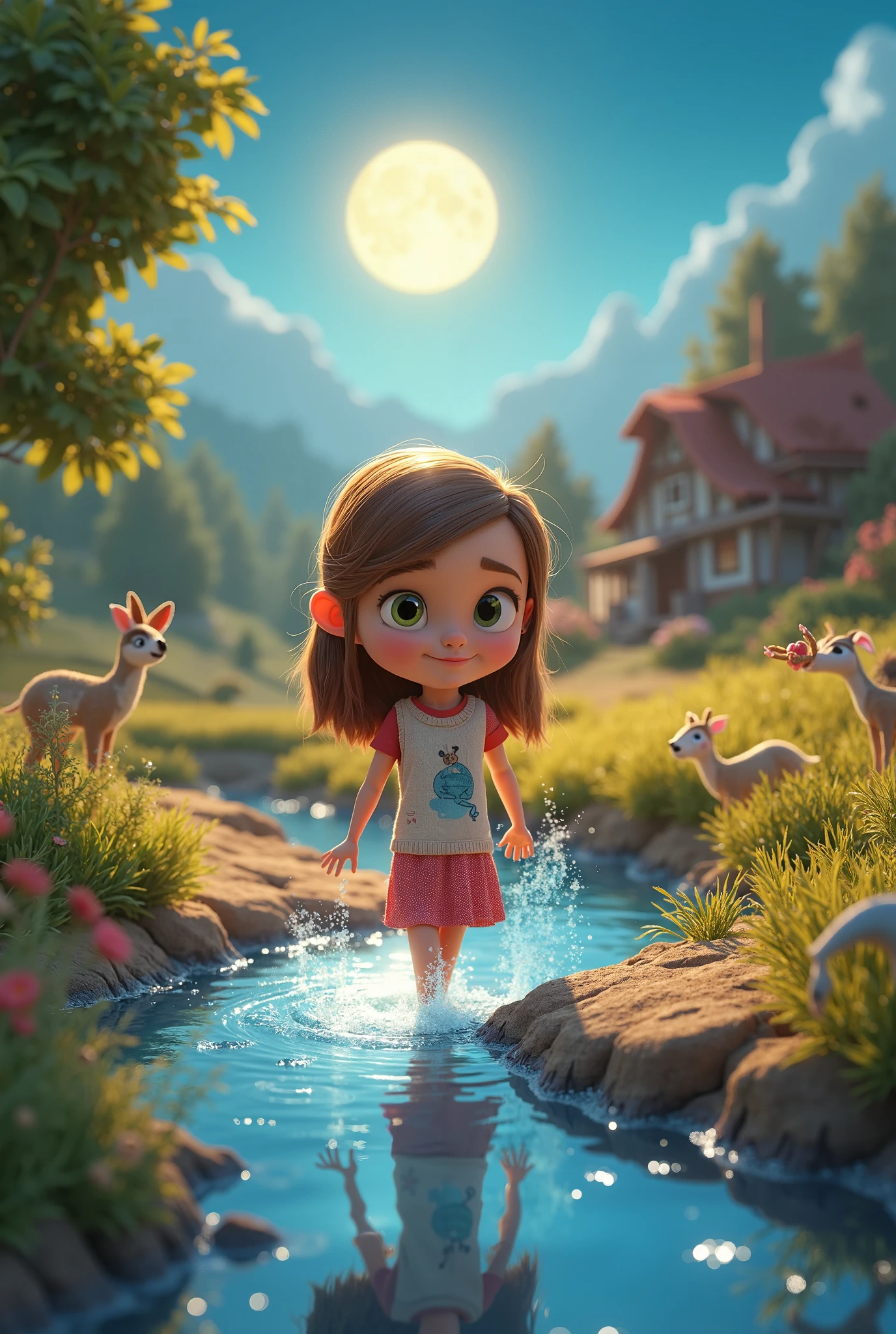 Title: The Little Hero’s Holiday

Video Style: 2D/3D Animation or Storytelling with Voiceover


---

Scene 1: Arrival at Grandma’s House

Setting: A bright, cheerful countryside with green fields and a cozy wooden house.

Emma, an  girl with bright eyes and a playful smile, waves goodbye to her parents.

She travels through a beautiful landscape on a small bus or cart.

She arrives at Granny Margaret’s house—a warm, cozy home with a garden full of flowers.

Granny hugs Emma, happy to see her.



---

Scene 2: The Village’s Problem

Setting: A dry, dusty landscape with sad villagers and thirsty animals.

Emma walks through the village and notices something is wrong.

The river is completely dry, cracks forming on the riverbed.

Farmers look worried, carrying empty buckets.

Emma asks Granny what happened, and she explains how the water dried up, making life difficult.

Emma looks around, feeling sad but determined.



---

Scene 3: Emma’s Secret Powers

Setting: Nighttime by the dry river, under a full moon.

Emma walks to the riverbed, her face glowing with determination.

She kneels, places her hands on the ground, and closes her eyes.

Soft blue energy glows from her hands, spreading into the earth.

At first, nothing happens—then, the ground rumbles slightly.

A tiny stream starts trickling out, then grows into a strong flow.

The river slowly fills up, water sparkling under the moonlight.

Nearby, animals (deer, rabbits, birds) come running to drink.



---

Scene 4: The Villagers’ Joy

Setting: Early morning in the village, with golden sunlight.

Villagers wake up and rush to the river, surprised to see it flowing again.

Farmers touch the water in disbelief, laughing and cheering.

ren splash and play, happy again.

Granny Margaret smiles at Emma, a knowing look in her eyes, but says nothing.



---

Scene 5: Farewell & Moral of the Story

Setting: Granny’s house, with Emma preparing to leave.

Emma hugs Granny tightly as she prepares to return home.

Granny tells her, “Miracles happen when we care for others.”

Emma smiles, knowing she did something good.

As she waves goodbye, the camera pans to the now-lush village and flowing river.


Text on Screen or Voiceover:
"Real strength lies in kindness and using our abilities to make the world a better place."


---

Additional Video Elements:

✔ Background Music: Emotional and uplifting (soft piano, violin, or flute).
✔ Lighting Effects: Warm colors for happy scenes, cool blue for magic scenes.
✔ Close-ups: Emma’s glowing hands, villagers’ happy faces, flowing water.
✔ Sound Effects: Water flowing, birds chirping, villagers cheering.