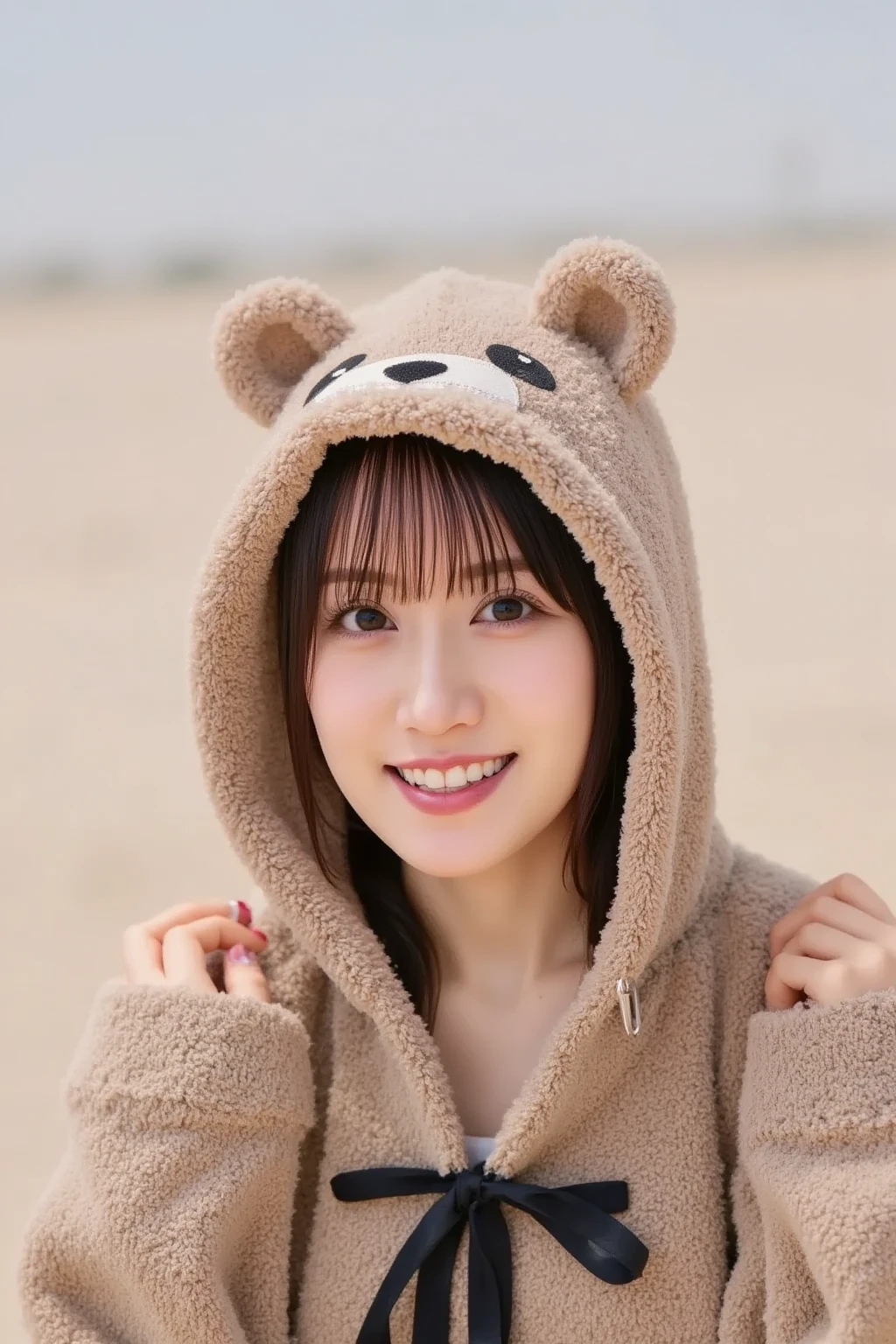 (Realistic, photo-Realistic:1.37),(8K, RAW Photos, Highest quality, masterpiece:1.2), cute, Ultra-detailed, 超High resolution, Kodak Vision Color, Filmed with an Arricam LT camera,Highest quality, Lively, 8K, High resolution, 1 girl, Escape, (Professional Lighting), (Portraiture:0.6), Black Hair, (Medium Hair),21 years old、slender、 Long Hair, Modern photography, wear (bear costume), (Portraiture), cuteクマのワンジーパジャマ, Super soft light brown plush fabric, debtわdebtわフード, cuteクマの頭巾, (35mm, debt/2.8) Photo , Aperture, Highly detailed and exquisite, character, Hypermaximalist, beautiful, reveal, Charm, Charm, Affectionate, Ultra-realistic, Very detailed, beautiful woman, ((Fine grain)), Long eyelashes, (Glossy Lips), Sandy Beach、Ocean、Calm waves、Walking along the coast、topless、sunset、Smile happily、Laugh your heart out、