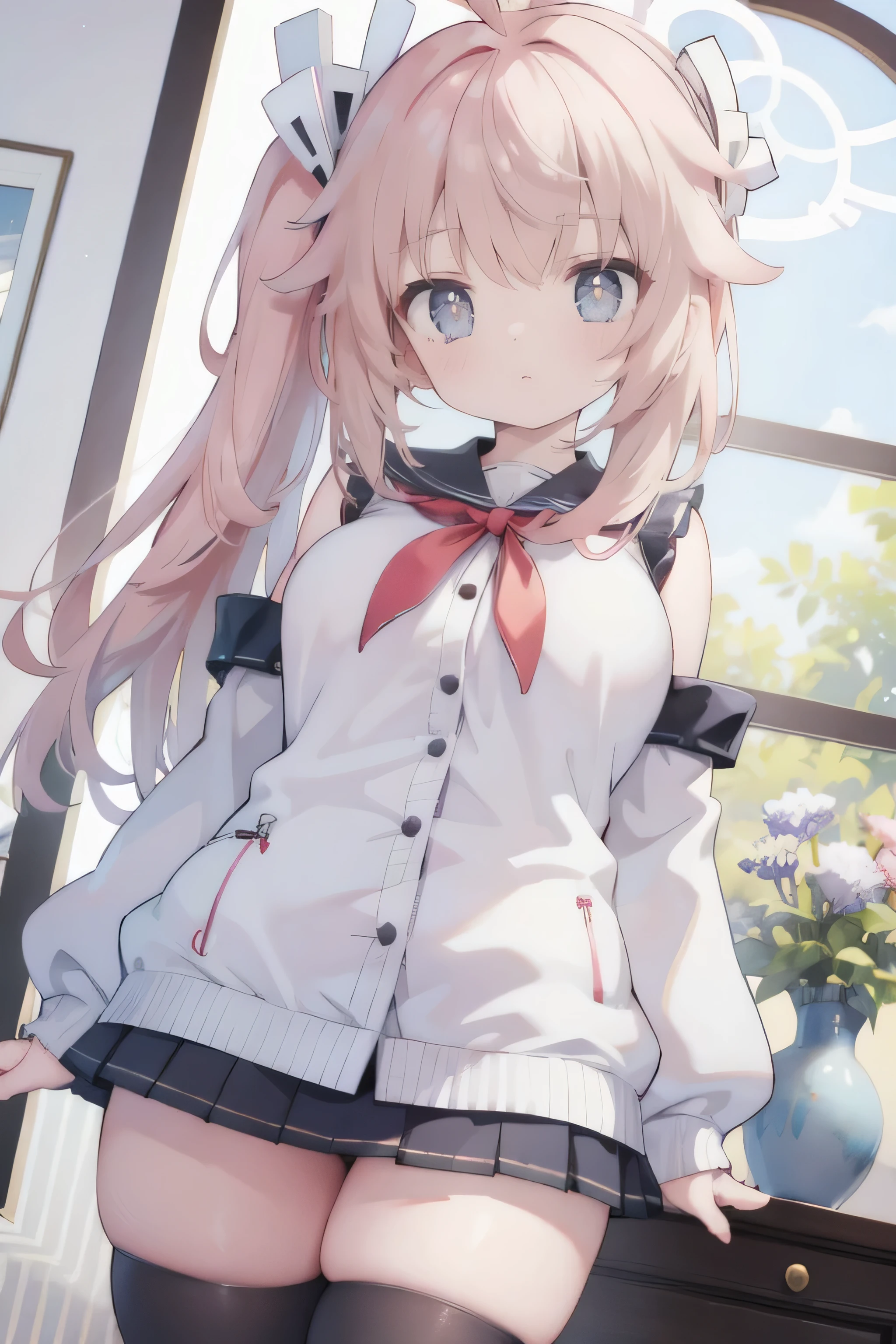  high resolution、Sharpness、4K、 dynamic angle、 cowboy shot、 lori、 short、 thick armpit hair one girl、Pretty girl standing posture、 embarrassing、 and dye your cheeks、Sleeves hide hands、 Long Sleeve、 moe sleeve、 black pleated skirt、 super lender and beautiful legs、 from head to foot、 black thigh high stockings 、 white skin、 cute、Big Breasts、A girl's cute interior、Thick thighs、