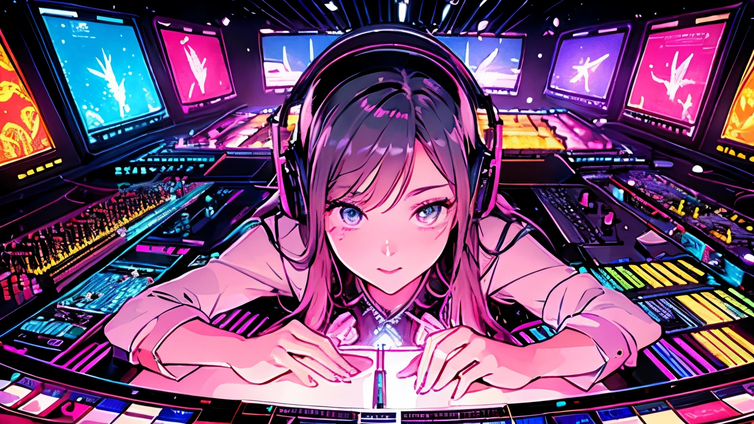 ( Masterpiece、 top quality、 8,000 )、 bird view 、Overhead camera work、 slender animation is sitting on a laptop at the weapon table、 colorful head and headphones , biology,thunder, Neon glow, beauty, Futuristic modern , rockスター, rock, urgent, perfection, Spectacular, bright color, volume lighting, best shadow, Shallow Depth of Field , ( top quality의, Amazing Details : 1,25), colorful illustration , gorgeous, magic , Flicker, glare, neon garland , intricate details,very well detailed 、woman、Full of laughter 、( live stage:1.3),( turntable 、mixer、 sampling machine 、Rhythm Box、mixer,synthesizer、monitor:1.2),Stage Live Background、 spotlight from behind、 surreal,perfection Anatomy