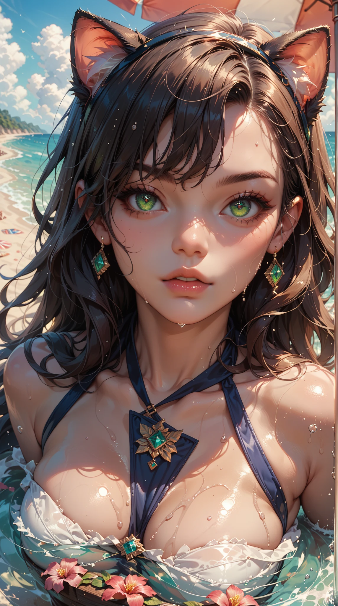 1 beautiful young princess, ((beautiful princess no longer a child:1.8)), (naked) ((braided hair with long black bangs: 1.6)), ((long bangs:1.6)), ((hair jewelry:1.9)), ((upper body gold jewelry:1.9)), ((Very delicate gold necklaces:1.7)), ((earrings with emeralds:0.8)), noble, noble style of an extremely beautiful girl, thin eyebrows, flawless beautiful face, very beautiful eyes, ((green eyes eyes: 1.6)), beautiful makeup and detailed hairdo, eyelashes, red lips, beautiful lips, slim hands, ((arms spread out to the sides: 1.7)), rosy face, smooth white skin, ((medium breasts: 1.6)), perfect body, ((Sit back and puff out your chest, arms behind you:1.6)), 8k photos, super high quality, super realistic, super 10x pixels, optical, bright studio, bright edges, two-tone lighting, (high detail skin:1.2), super 8k, soft lighting , high quality, volumetric light, optical, optical high resolution, light, best photo, 4k, 8k quality, blur effect, smooth sharpness, 10 x pixels, ((beach at night background:1.5)), aurora, lightning, super realistic graphics, most realistic graphics, alone, solo, Extremely sharp, surreal images, (((frontal portrait: 1.3))).
