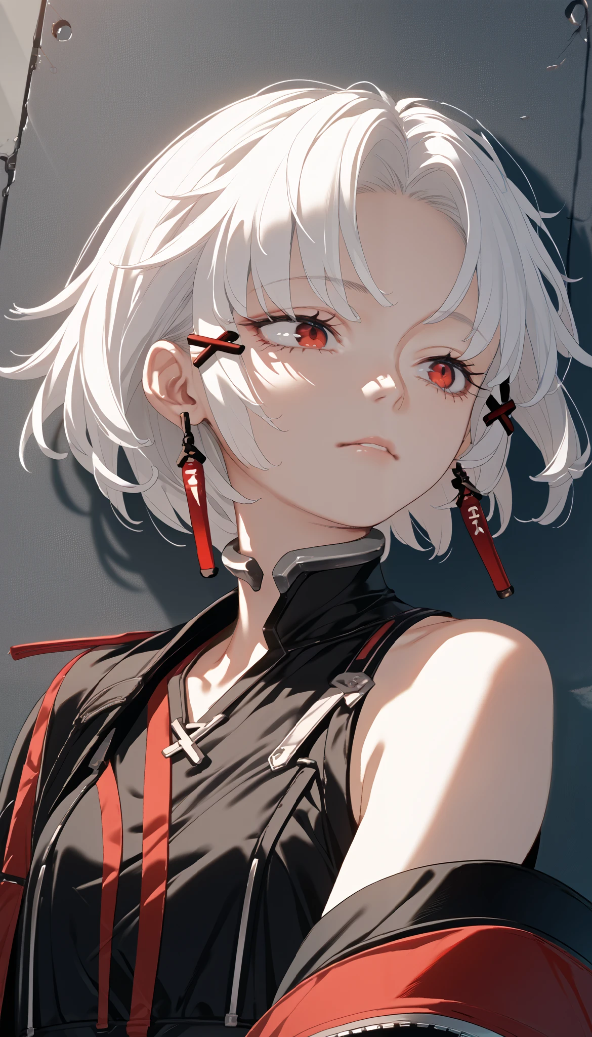 score_9, score_8_up, score_7_up, score_6_up, score_5_up, score_4_up, source_anime,newest,game cg,dutch angle,1girl,solo,drakernd, short hair, white hair, red eyes, earrings, x hair ornament,