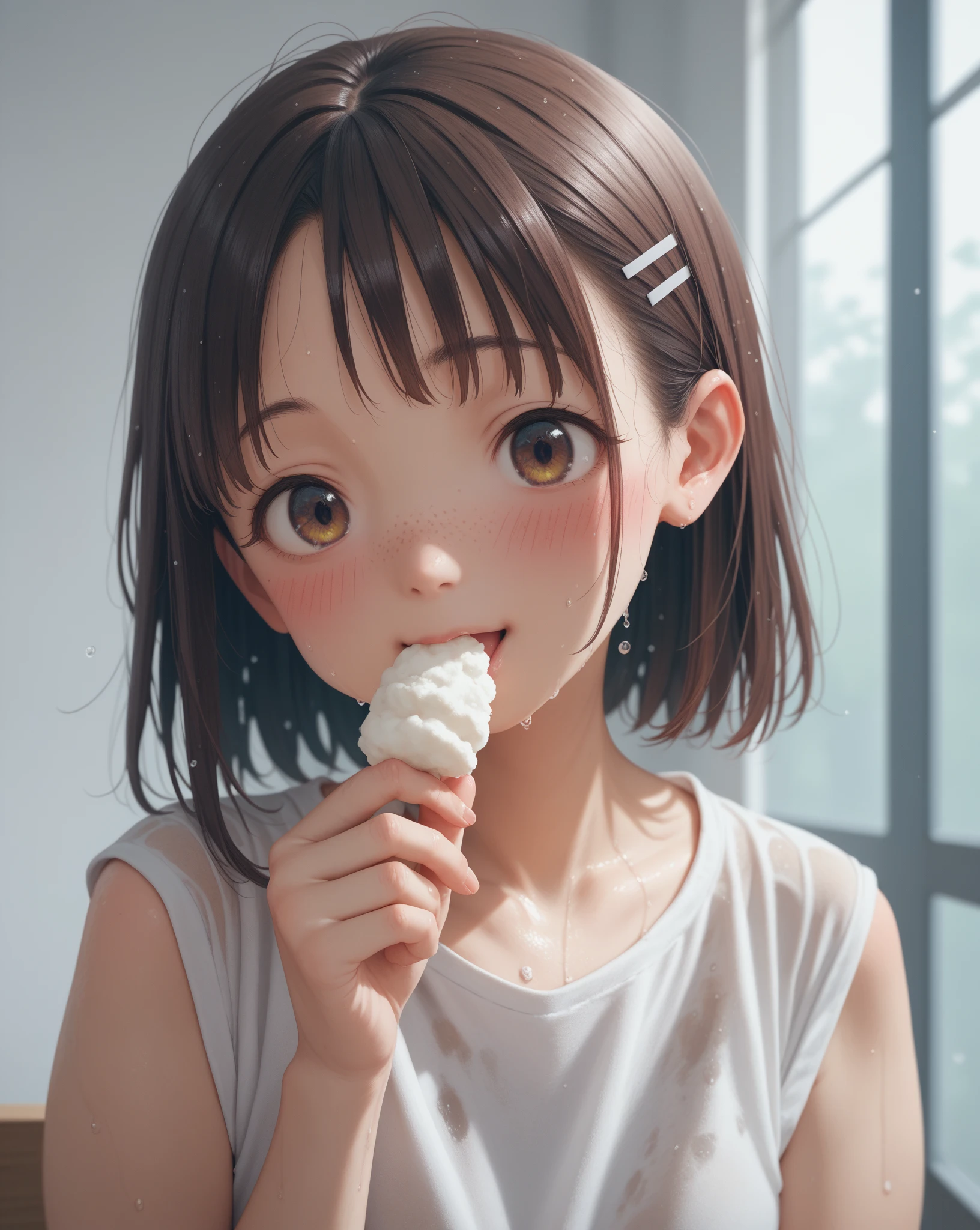 short-haired loli girl eats ice candy full of her mouth