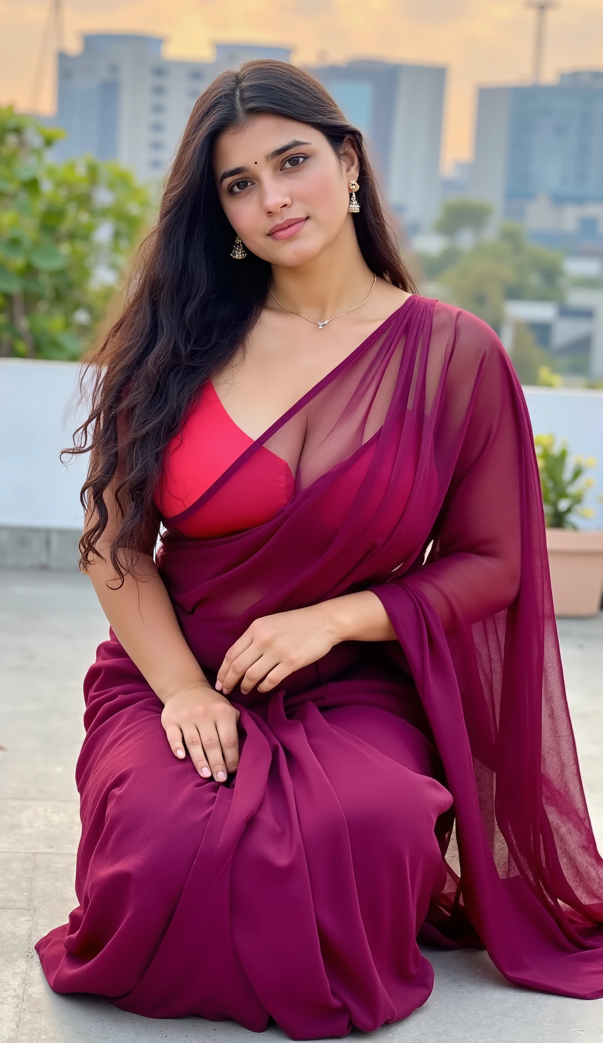 (photorealism:1.2), beautiful sexy seducing indian woman, sitting on knees like animal, wearing dark wine full transparent saree with off-shoulder blouse, heavy , visible nipples, open slim waist, long curly hair, huge fat butt, balcony, soft lighting, plants in background, evening time, active pose, realistic, intricate details, vibrant colors. Real women