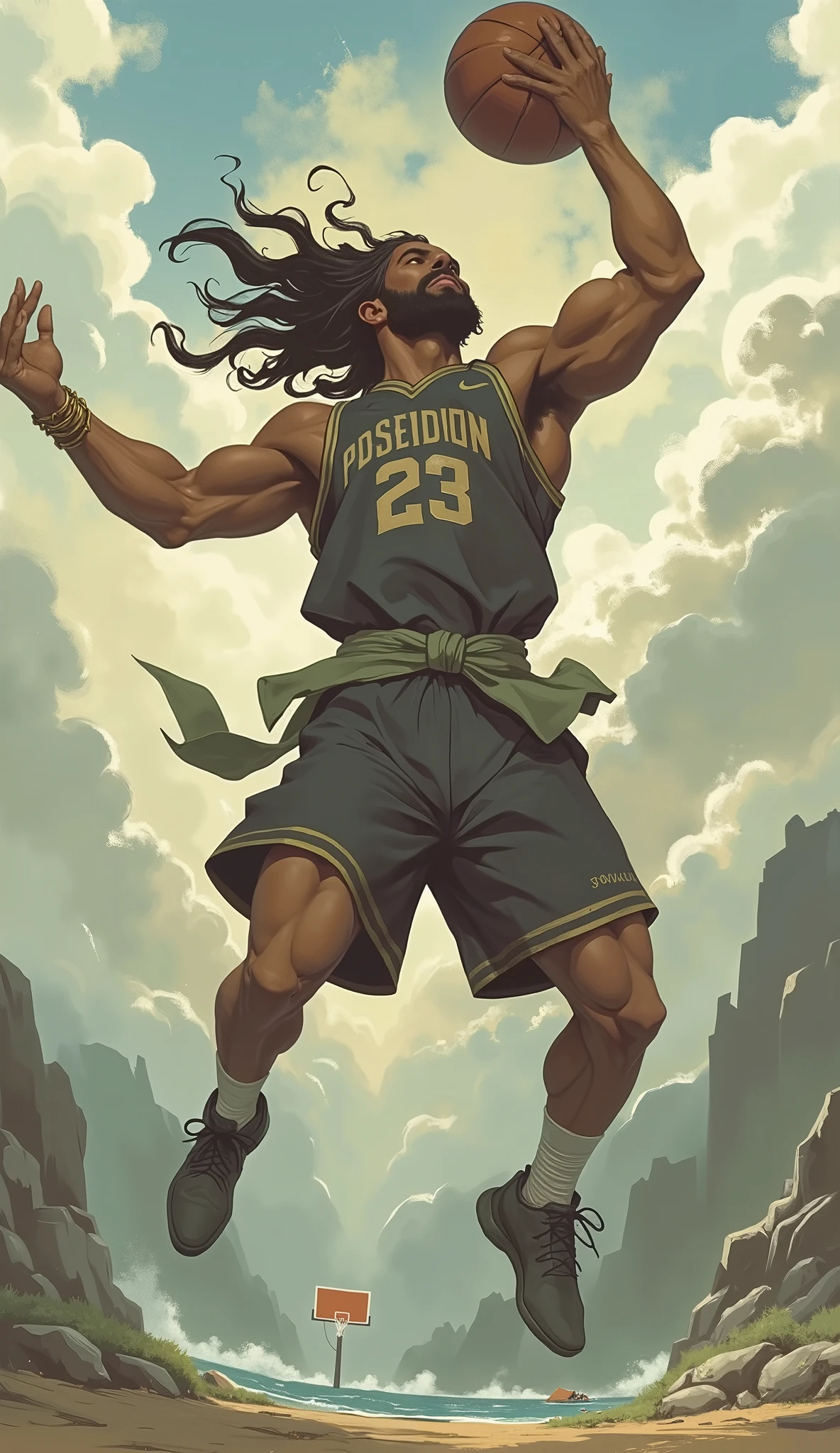 greek god poseidon as basketball player doing a drunk, in the jump, in the sport hall, basketball match