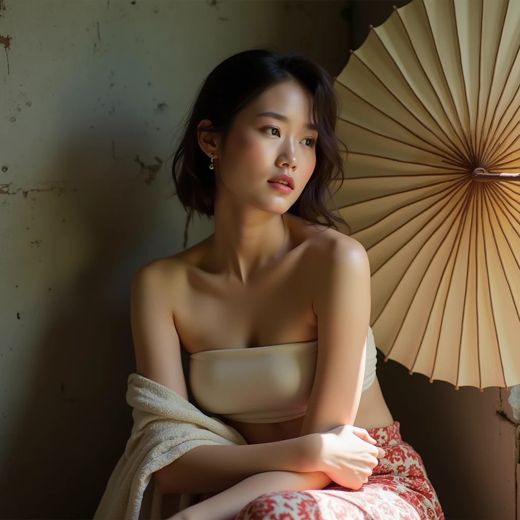 The image features soft, natural lighting that creates a warm and gentle atmosphere. The light highlights the model's face and upper body, casting subtle shadows that add depth.
The model is seated in a relaxed posture, slightly leaning against a textured wall. Her arms are gently crossed over her lap, contributing to a composed and serene demeanor.
The model's outfit consists of a strapless, off-white top that wraps around her torso. She is also wearing a red and white patterned skirt, and a light shawl draped over her arms.
The background includes a weathered wall with a textured surface. An elegant paper parasol with a wooden handle is partially visible, adding a traditional and artistic touch to the scene. The overall setting suggests a serene and culturally rich environment.