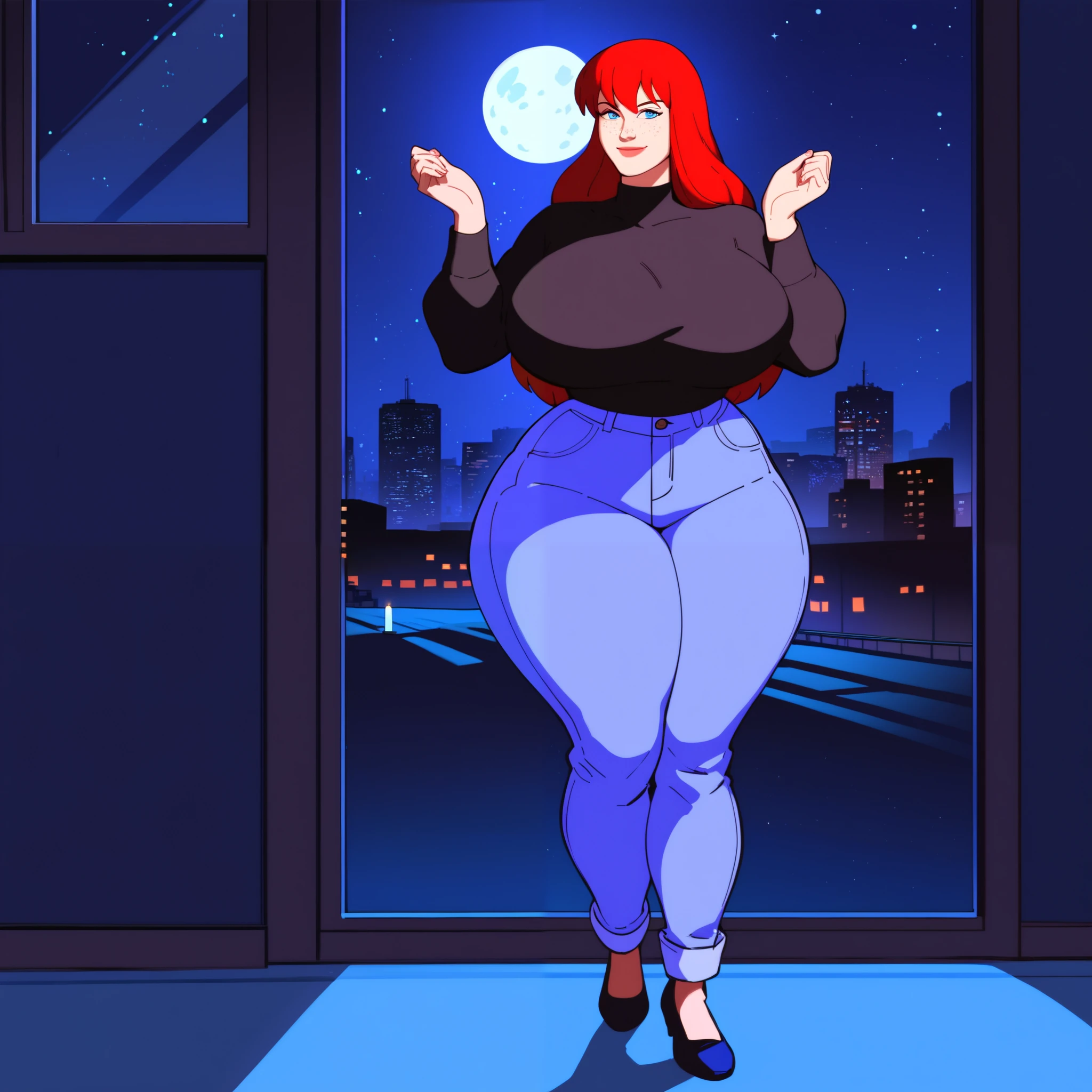 score_9, score_8_up, score_7_up, score_6_up, score_5_up, score_4_up, BREAK, 1girl, MJ, freckles arcoss face, blue eyes, dark red hair, long sleeve black shirt, dark blue long jeans, blue black shoes, long straight hair, 1girl, ((huge breasts, huge butt, thick thighs, curvy hips)), full body view, front view, highly detailed, masterpiece, standing, seductive smile, inside new york apartment background, dark blue walls, blue carpet, at night, moon shining down through window.