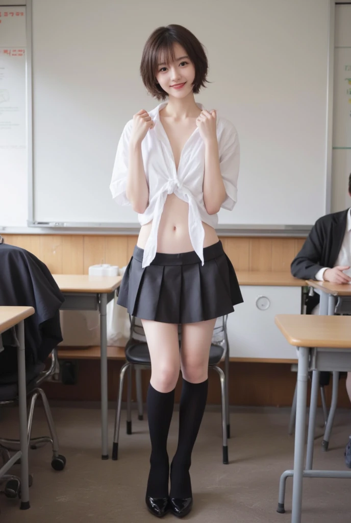 (absurdres:1.3),8K,(detailed photograph:1.5),(detailed face and skin:1.3),(ultra high res:1.5),(photorealistic:1.5),symmetric clear eyes,well-groomed face,(ray tracing:1.3) ,1girl, Japanese,high school girl, BREAK (wearing Japanese high ,white shirt,red school ribbon tie,:1.3),(bottomless,no panty,hairy pussy, camel toe:1.3) BREAK (presenting panties),masterpiece, best quality, highly detailed,classroom, BREAK (Black short bowl cut hair side bangs),focus panty,cinematic lighting,(blushing:1.3),(Stain on panties:1.4),